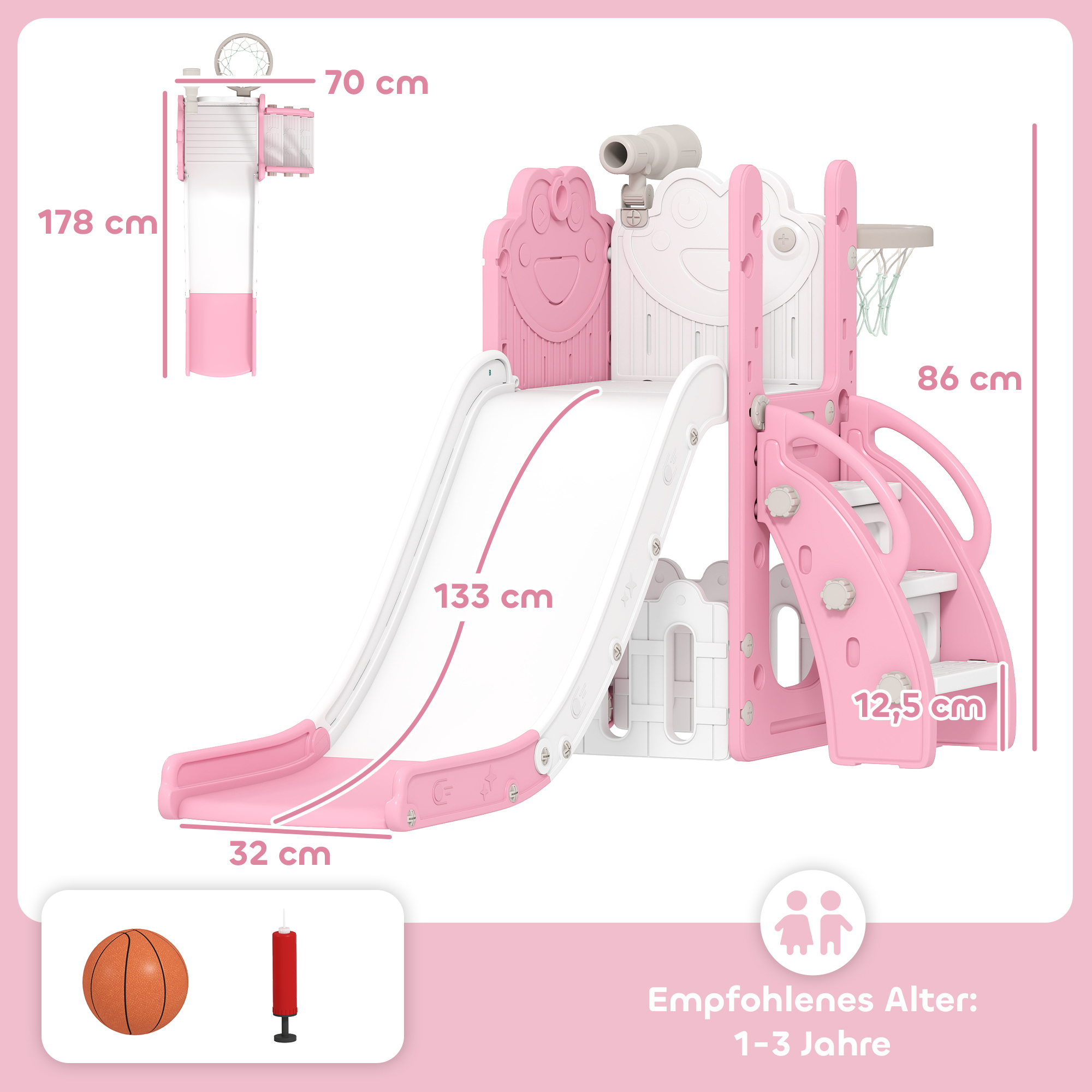 5-in-1 Kinderrutschenset, Teleskop, Basketballkorb, HDPE, Kunststoff, Rosa+Weiß