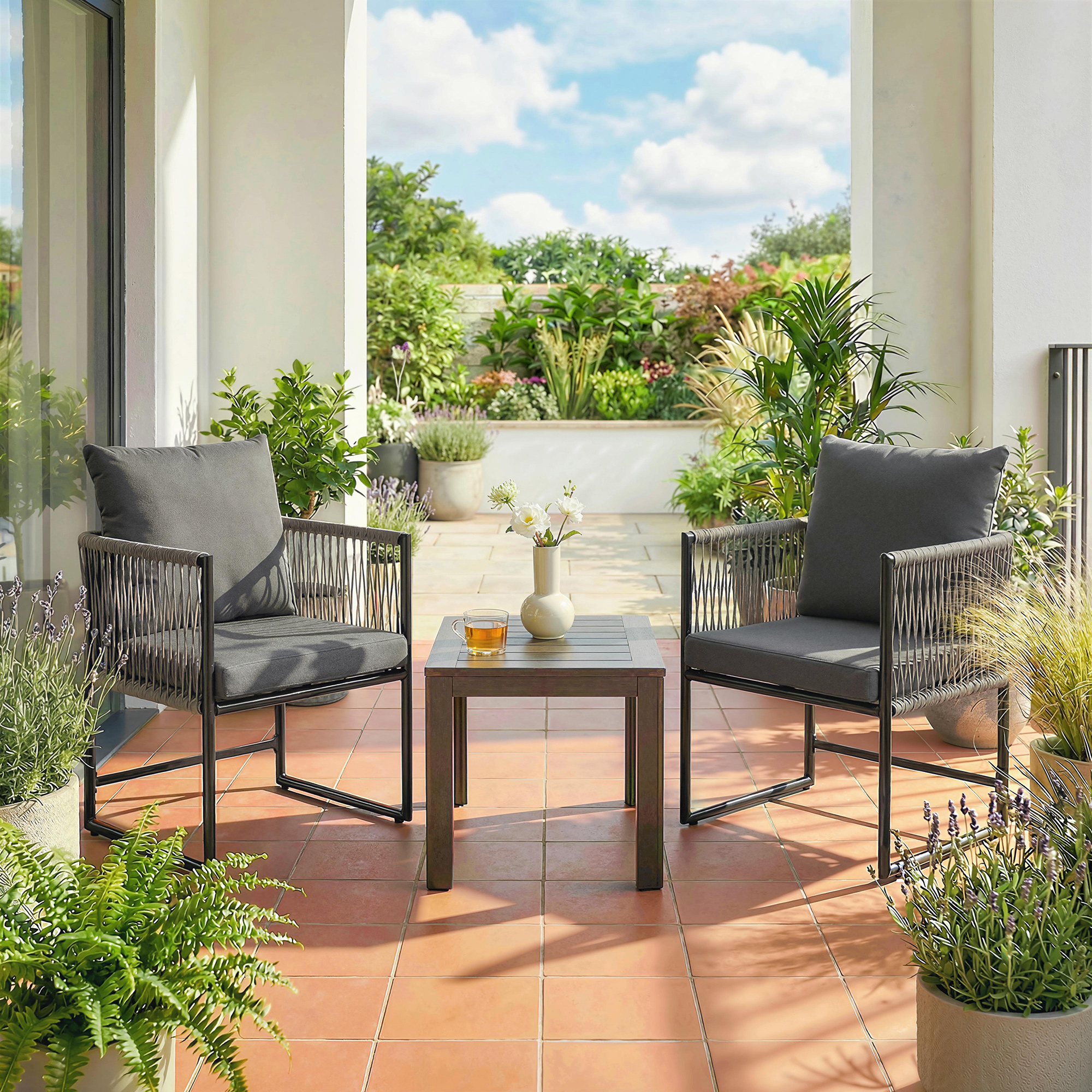 Gartenstuhl 2er Set wetterfest Gartenstühle aus Stahl PE-Rattan mit Kissen Armlehne Rückenlehne 52x52x66 cm Dunkelgrau