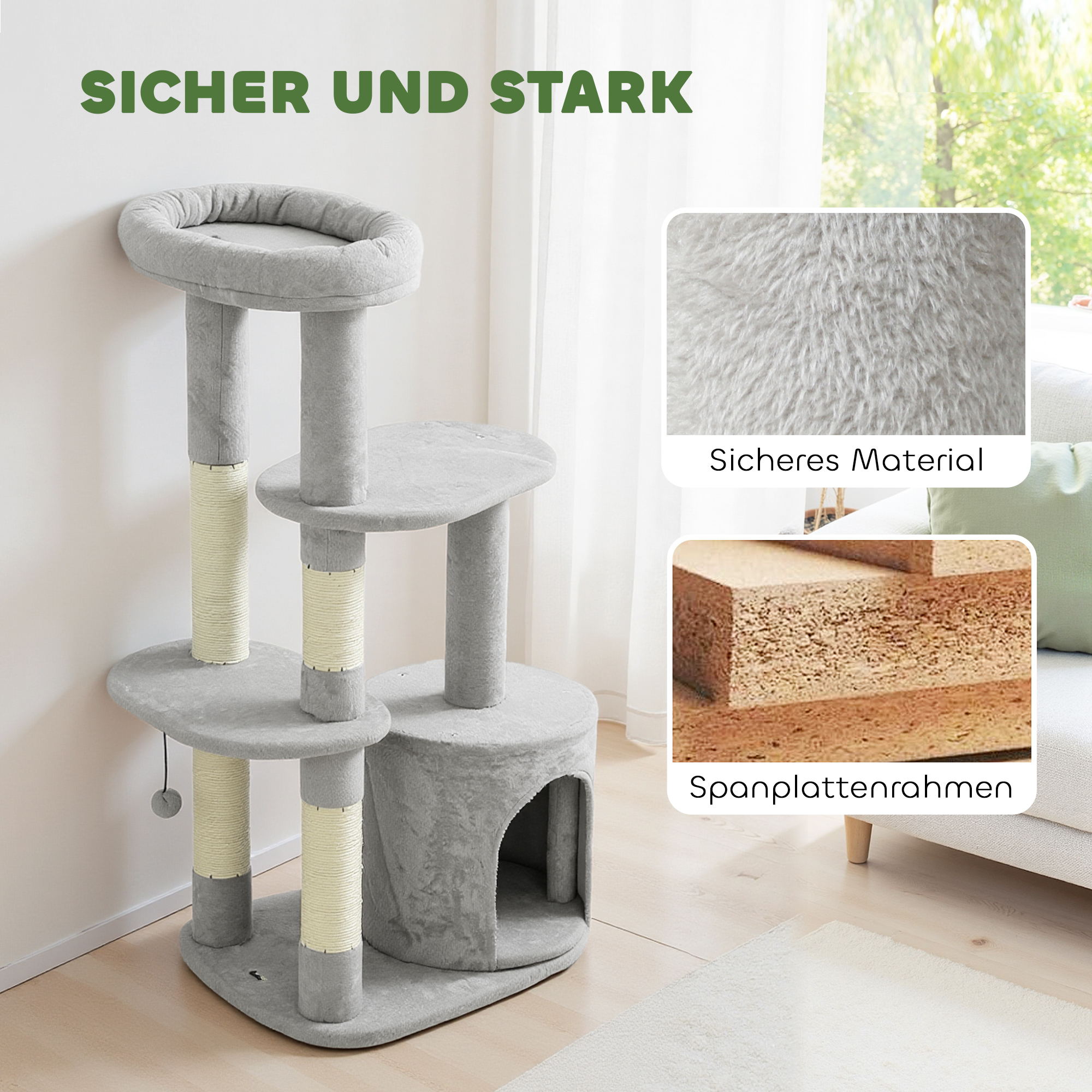 Kratzbaum 114 cm Katzenturm mit Höhle, Sisalstämme, Plattform, mehrstöckig ür mittelgroße Katzen unter 6 kg, Hellgrau
