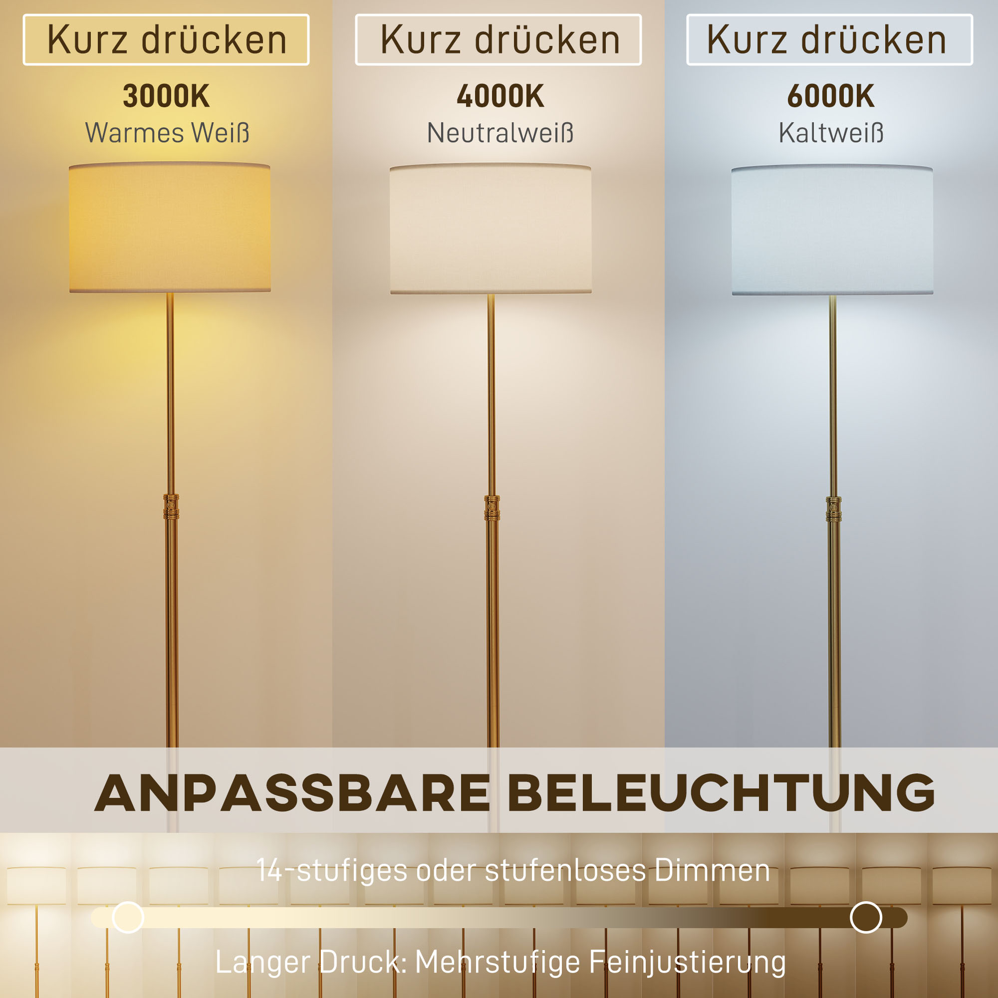 Stehlampe mit Fernbedienung, höhenverstellbar, Stoffschirm, Metallständer, anpassbare Helligkeit, Fußschalter, Goldfarben