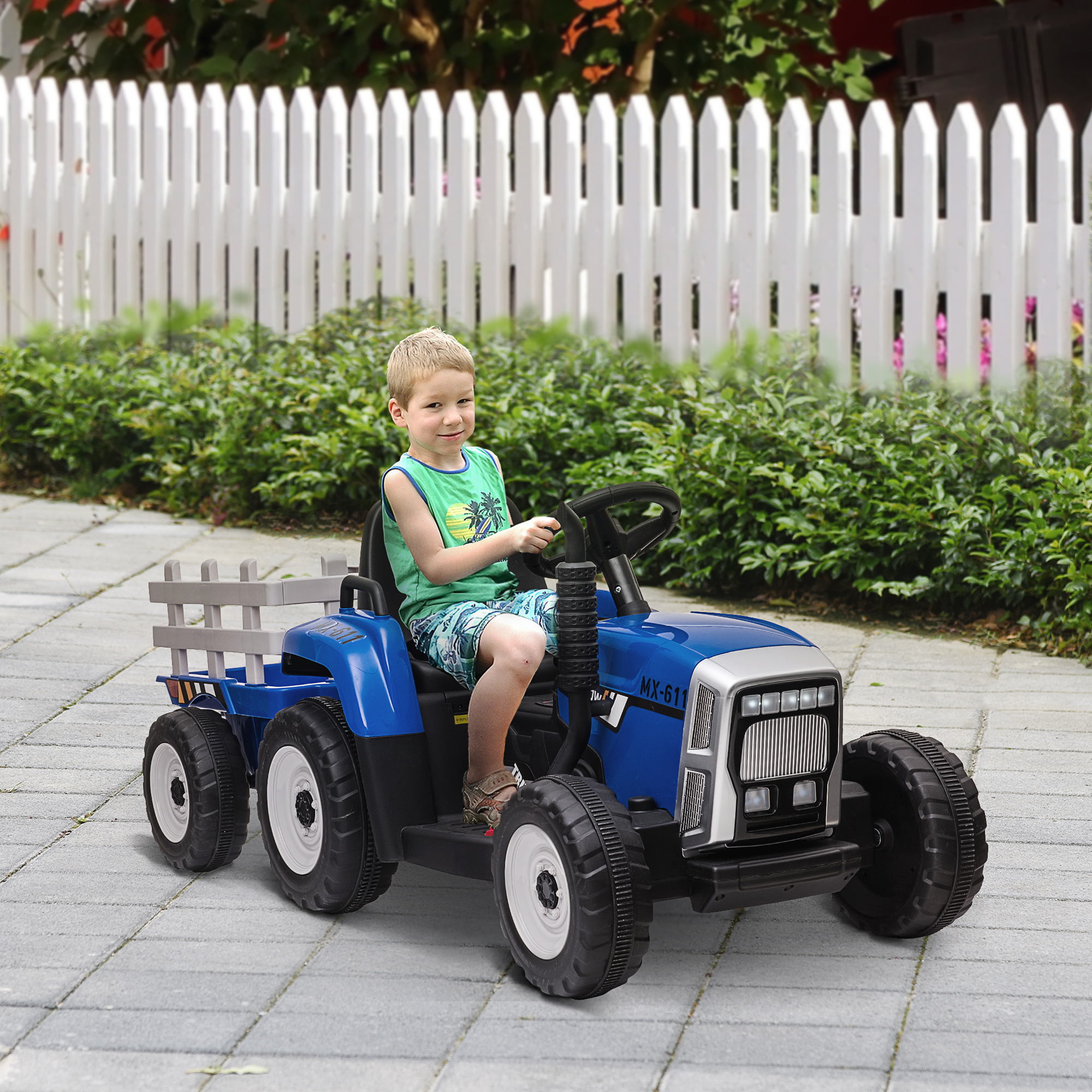 Kinder-Elektroauto mit Anhänger, Fernbedienung, Scheinwerfer, 3-6 km/h, für 3-6 Jahre, Blau