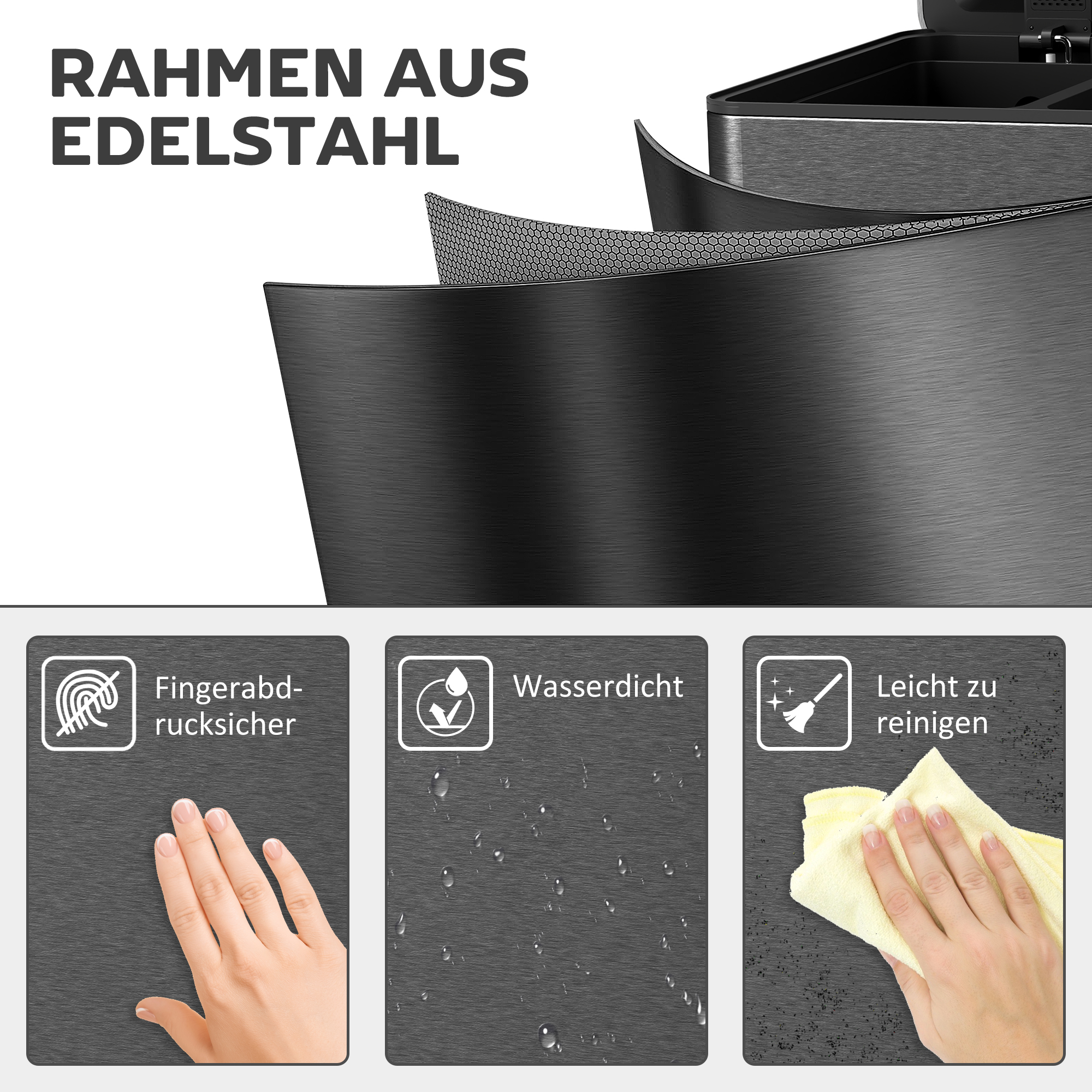 Mülleimer mit 3 x 20 L Fächern, Deodorant-Deckel, fingerabdrucksicher, Soft-Close, herausnehmbar, Schwarz