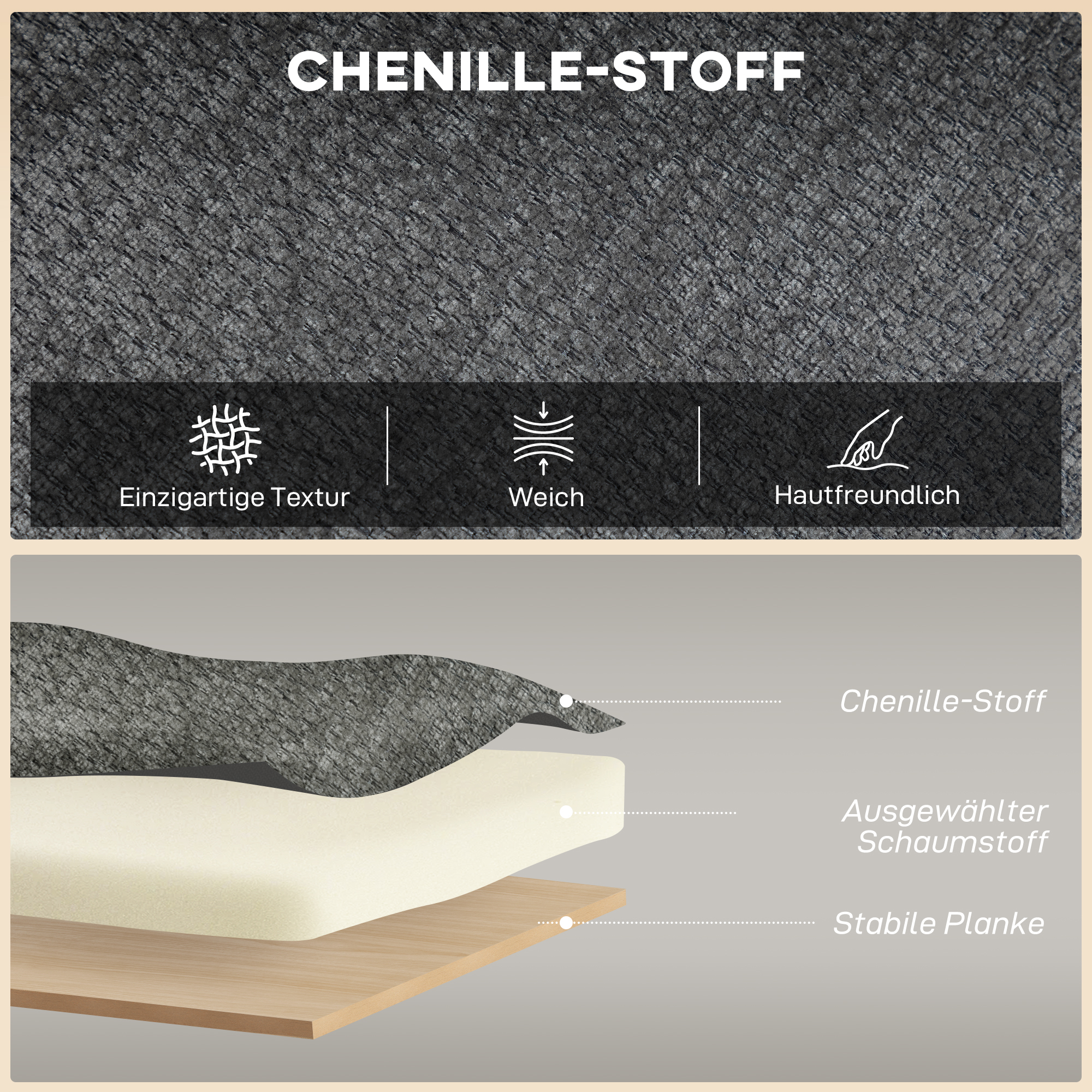 2-Sitzer-Sofa, kleines Chenille-Sofa mit Flügelrücken, dickem Sitz, Gummibaumholzfüßen, Grau