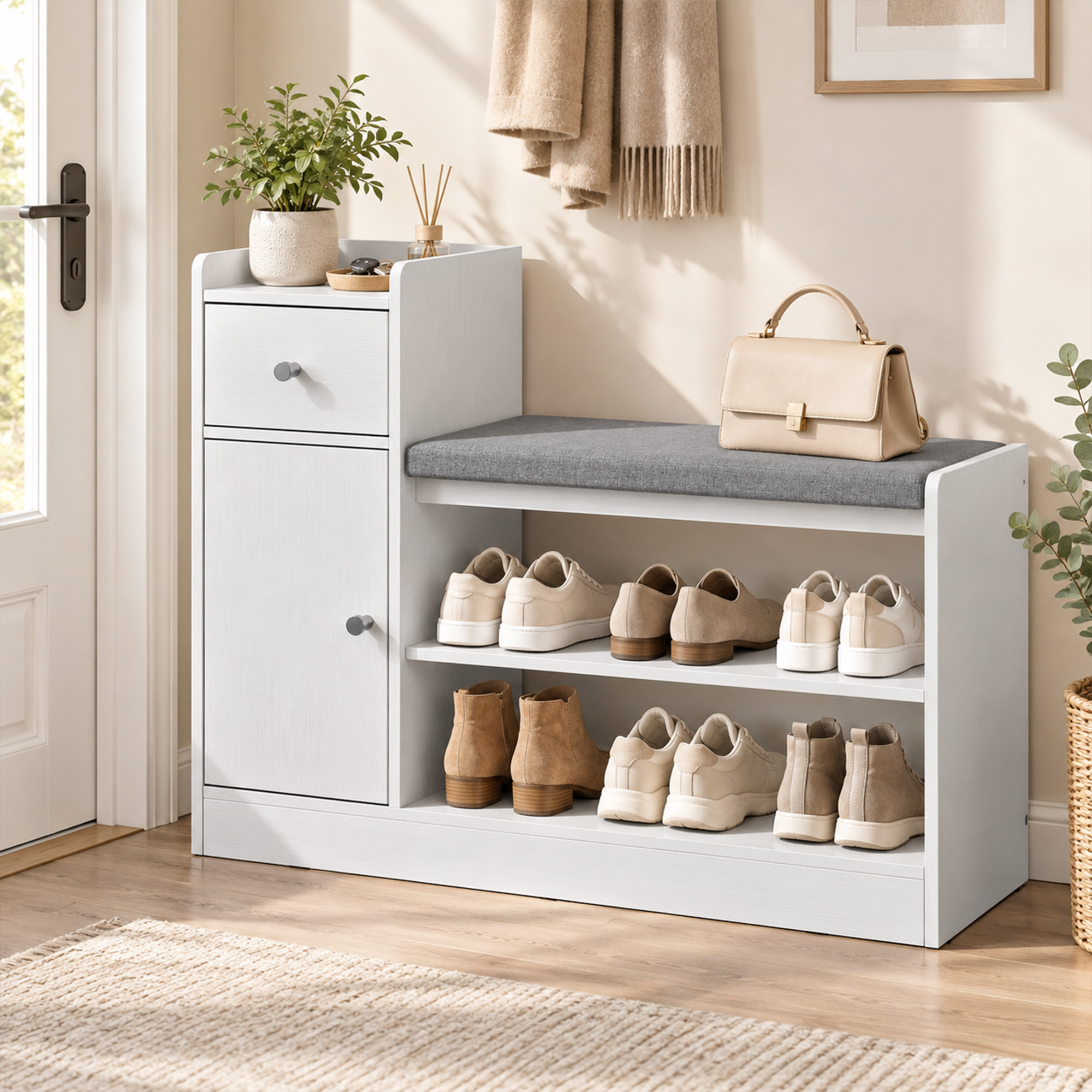 Schuhbank mit Sitzkissen Schublade und offenen Ablagen Flurbank 90x29,8x67,8cm Weiß