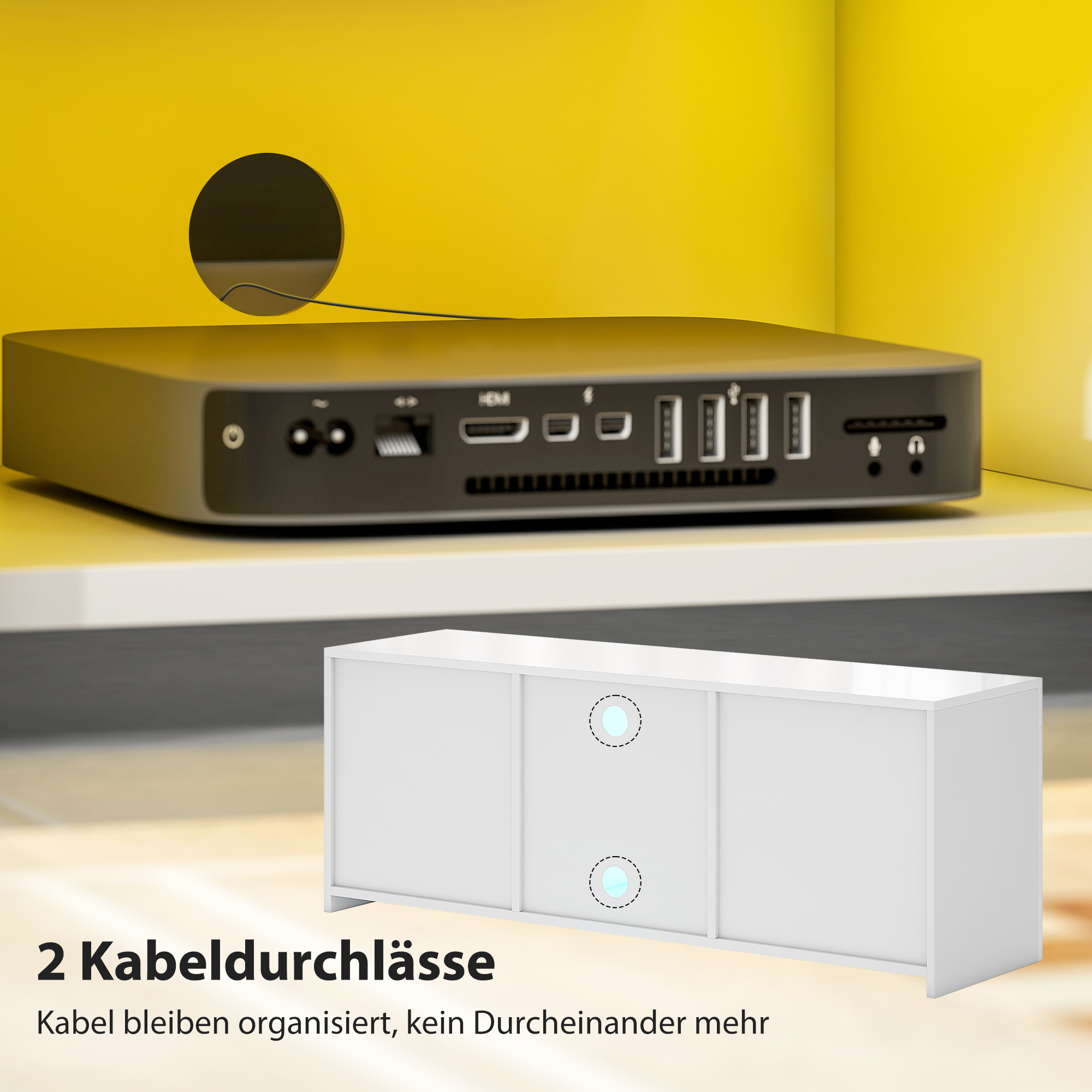 TV-Schrank mit LED-Beleuchtung, 2 Schranktüren, Glasregal, Kabellöcher, für Wohnzimmer, Spanplatte, Weiß