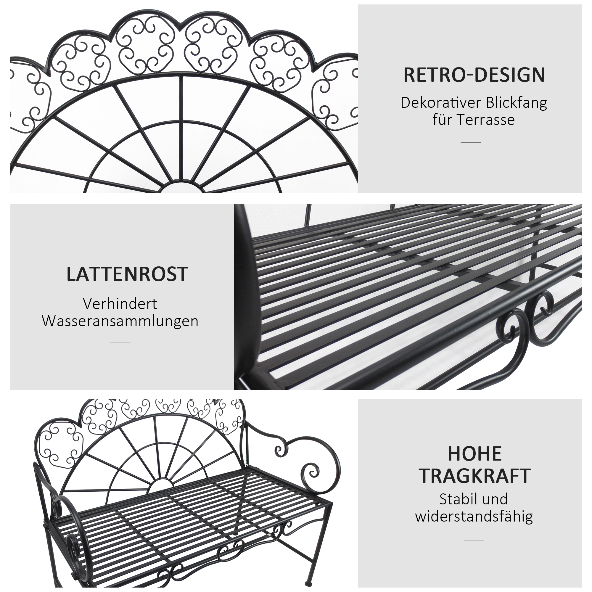 2-Sitzer Gartenbank robust, Parkbank rostfrei Sitzbank Bank Gartenmöbel für Terrasse, Garten und den generellen Außenbereich 107cm x 55,5cm x 90,5cm, Schwarz