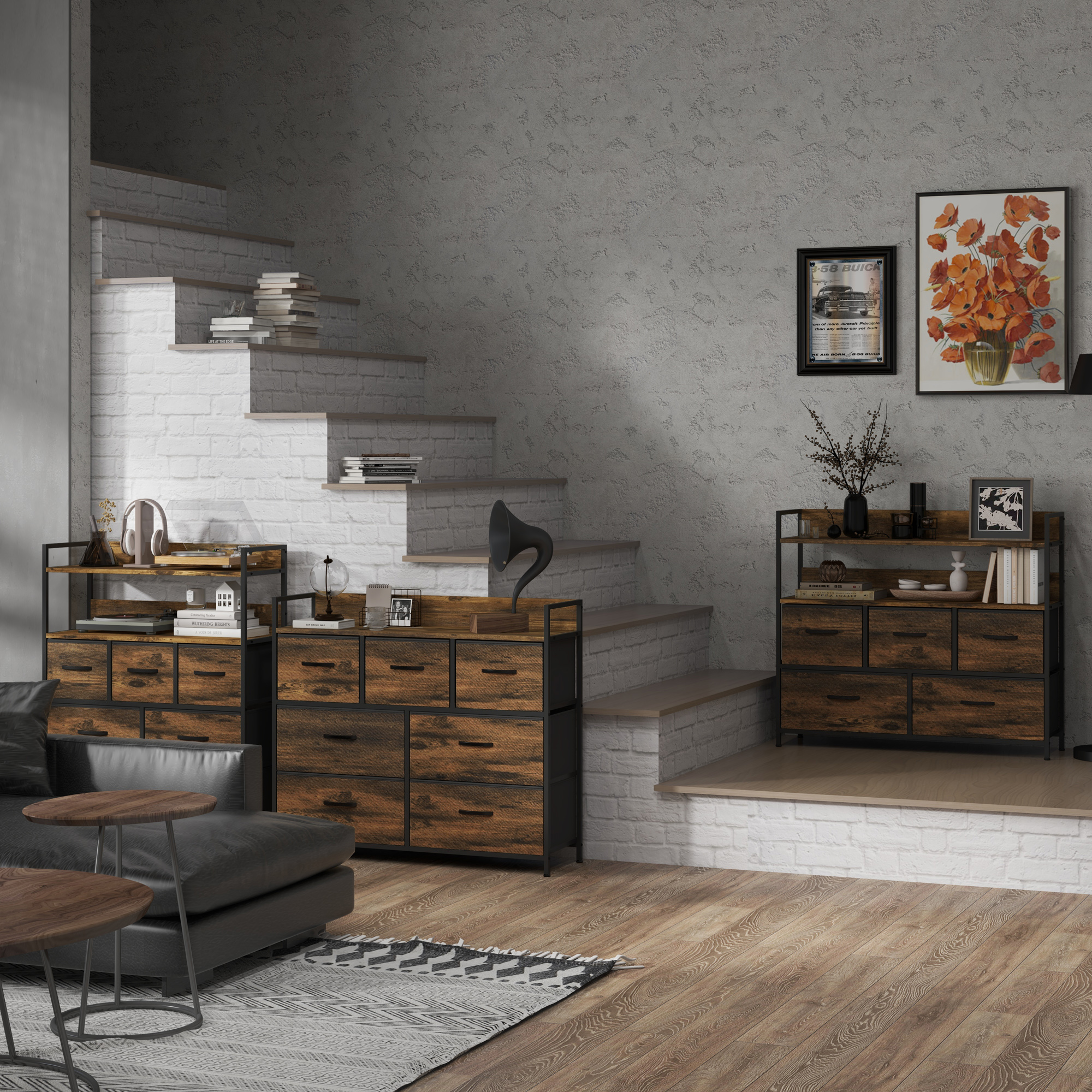Kommode, Sideboard mit 7 Stoffschubladen, Industrial Design, Stahlrahmen, 98x29x85cm, Braun/Schwarz