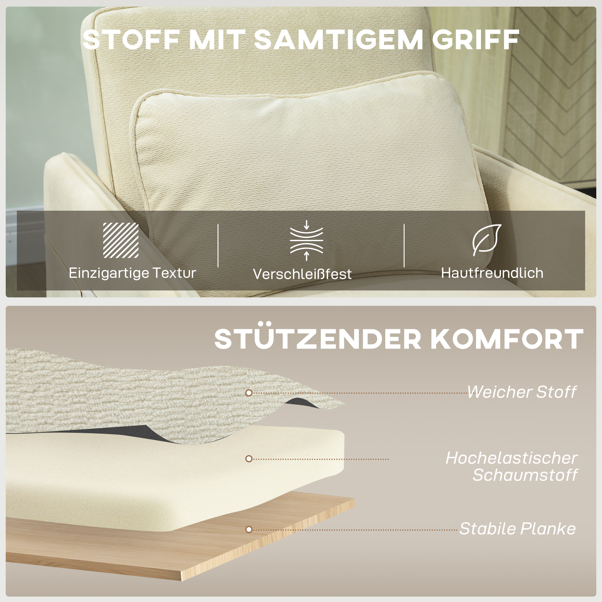 Schlafsessel 3 in 1 Umwandelbarer Sessel mit Bettfunktion, Breiter Sitzfläche für Wohnzimmer, Beige