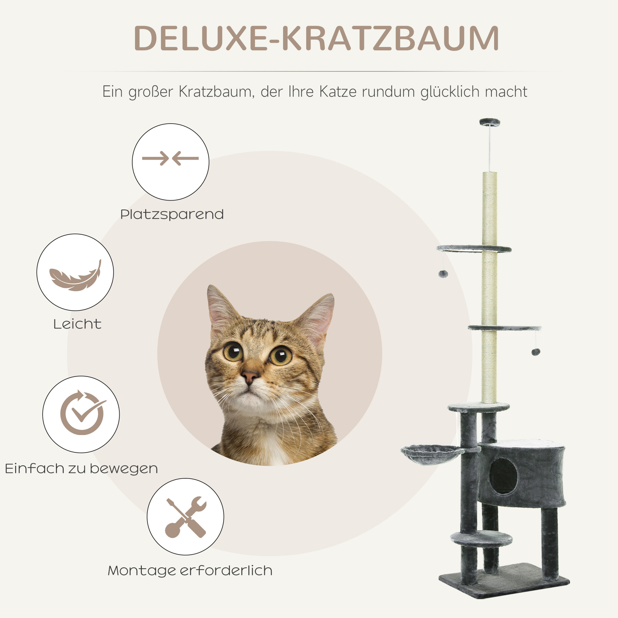 Kratzbaum deckenhoch Höhe 220-265 cm Katzenbaum mit Spielbälle, Katzenhöhle, Hängematte, Sisalstämme, Plattformen mehrstöckiger  Katzenkratzbaum Kletterbaum für mittelgroße Katzen, Dunkelgrau