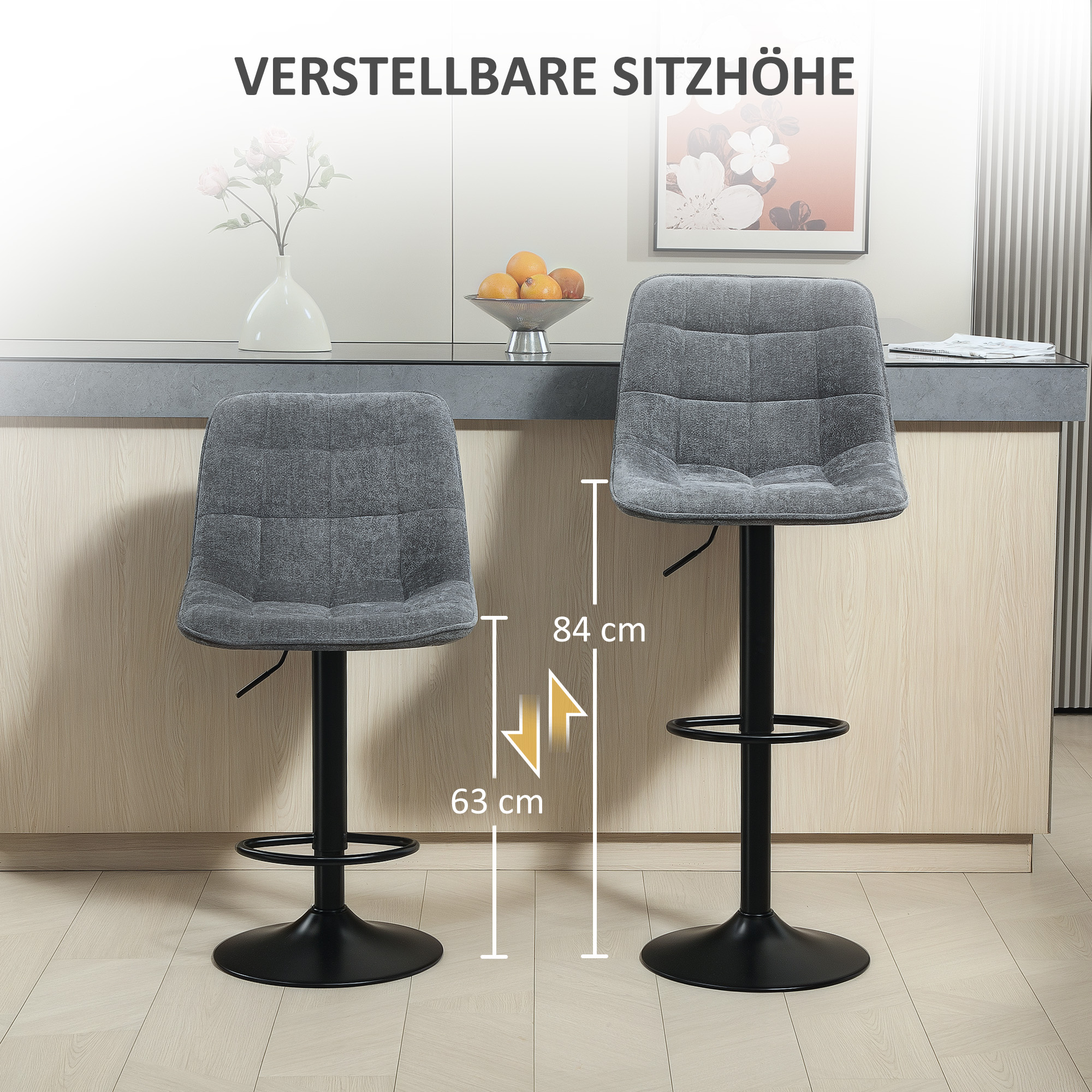 Moderner Barhocker, 2er-Set drehbare Barstühle mit Rückenlehne, höhenverstellbar, mit Fußstütze, gepolstert, Dunkelgrau