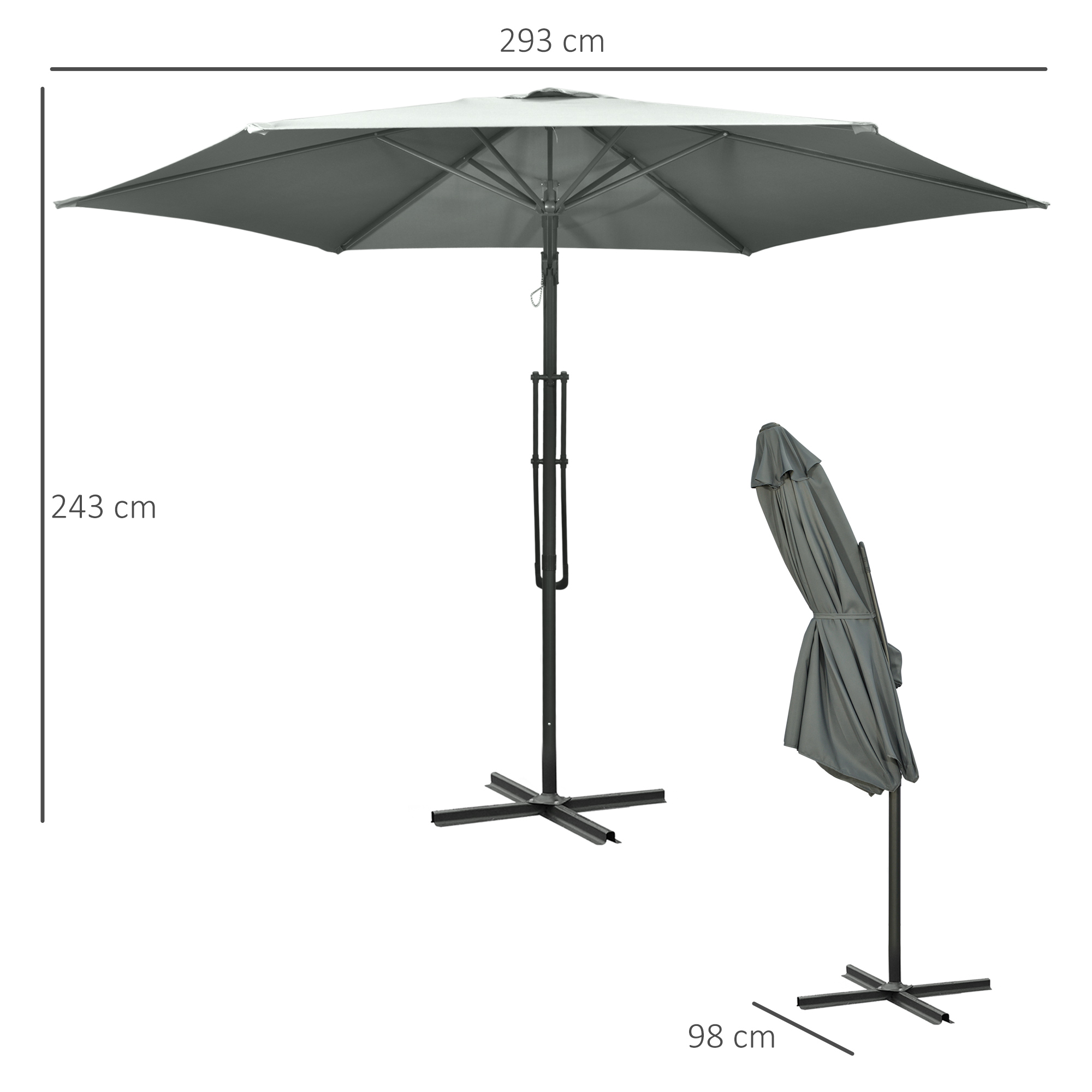 Ampelschirm Ø293cm Sonnenschirm mit Seitenhebel Kreuzbasis, Windschutz Wasserabweisend Dunkelgrau