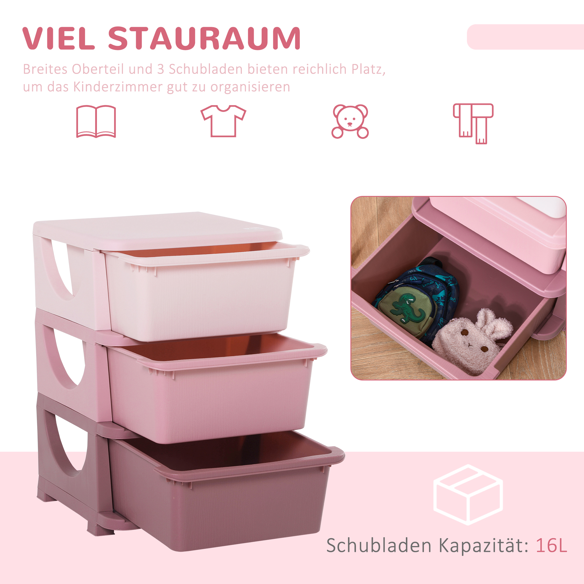 Aufbewahrungsboxen für Kinder, 3 Schubladen, abgerundete Kanten, erhöhtes Design, 37x37x56,5 cm, Rosa