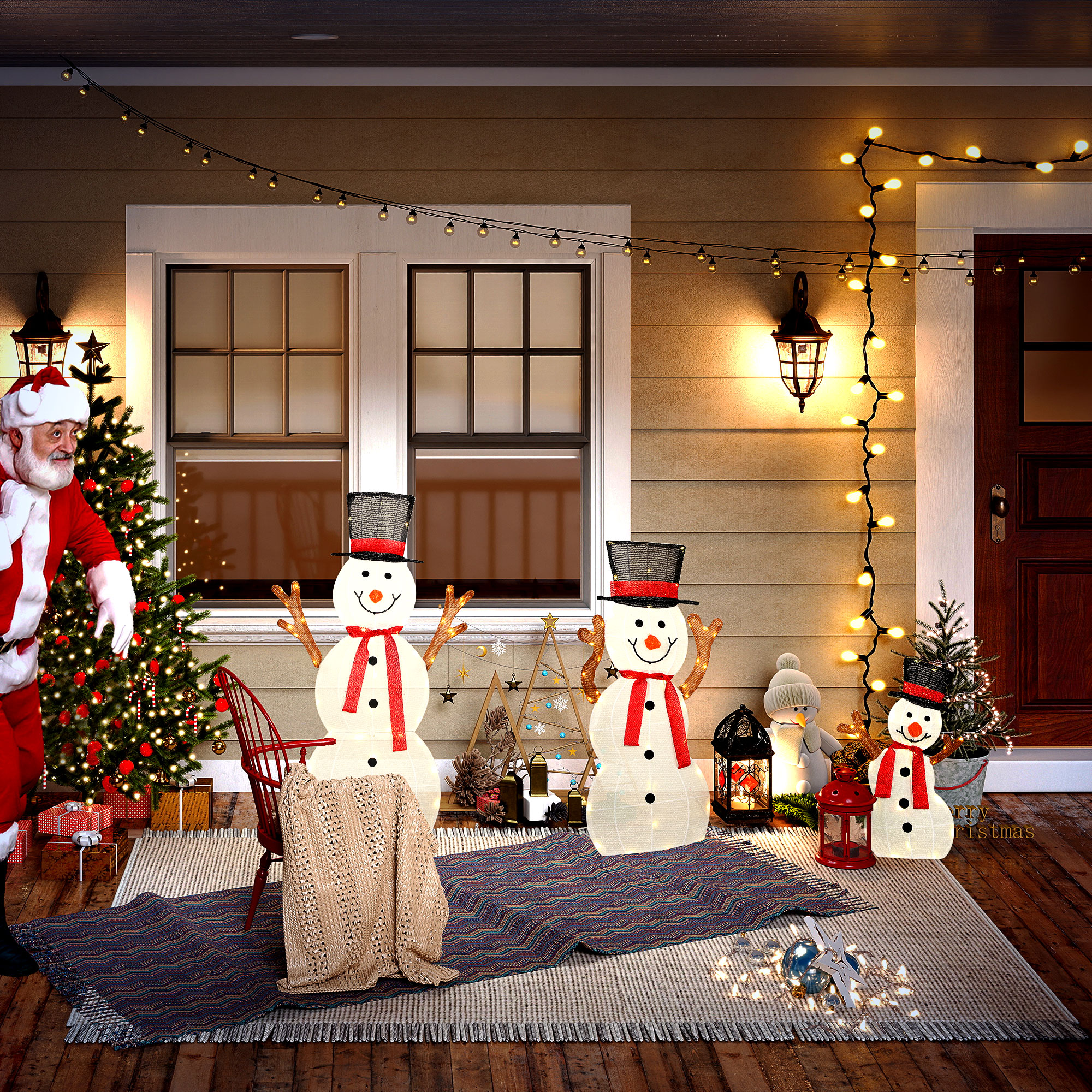 3-teilige weihnachtliche Schneemann-Familie, Außendekoration, LED-Lichter, Bodenpfähle, wasserfest, Stahl, Polyester, Weiß