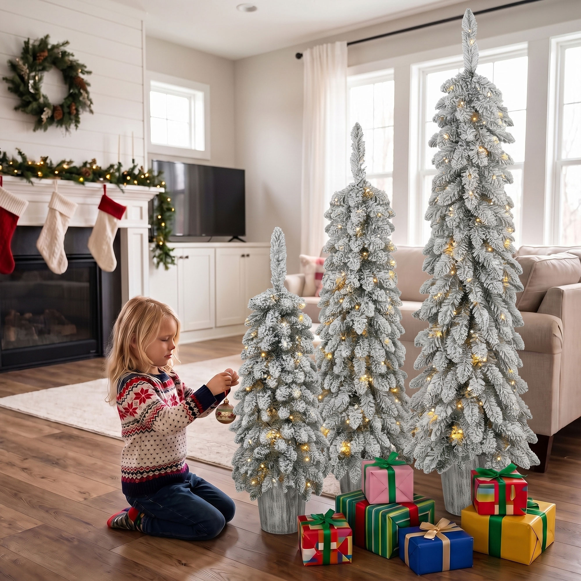 3er-Set beschneite künstliche Weihnachtsbäume, vorbeleuchtet mit PVC-Zweigspitzen und warmweißen LED-Lichtern