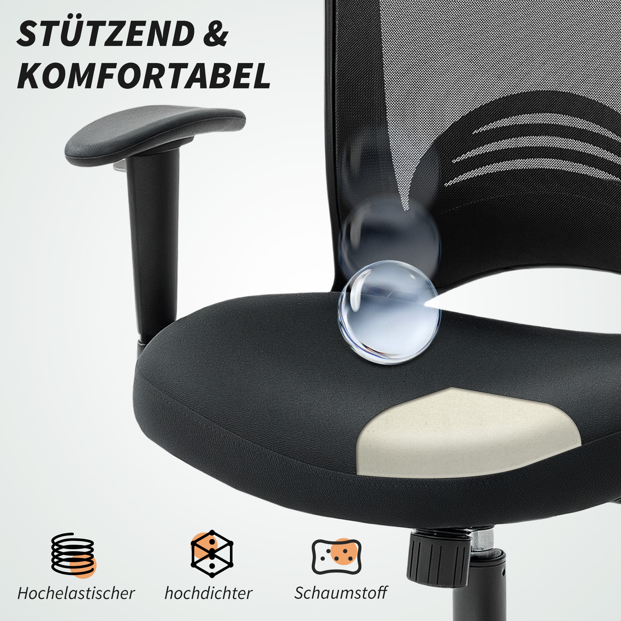 Netz-Bürostuhl, verstellbarer Schreibtischstuhl mit Netzstoff-Rückenlehne, rollbar, mit Kippfunktion, Schwarz