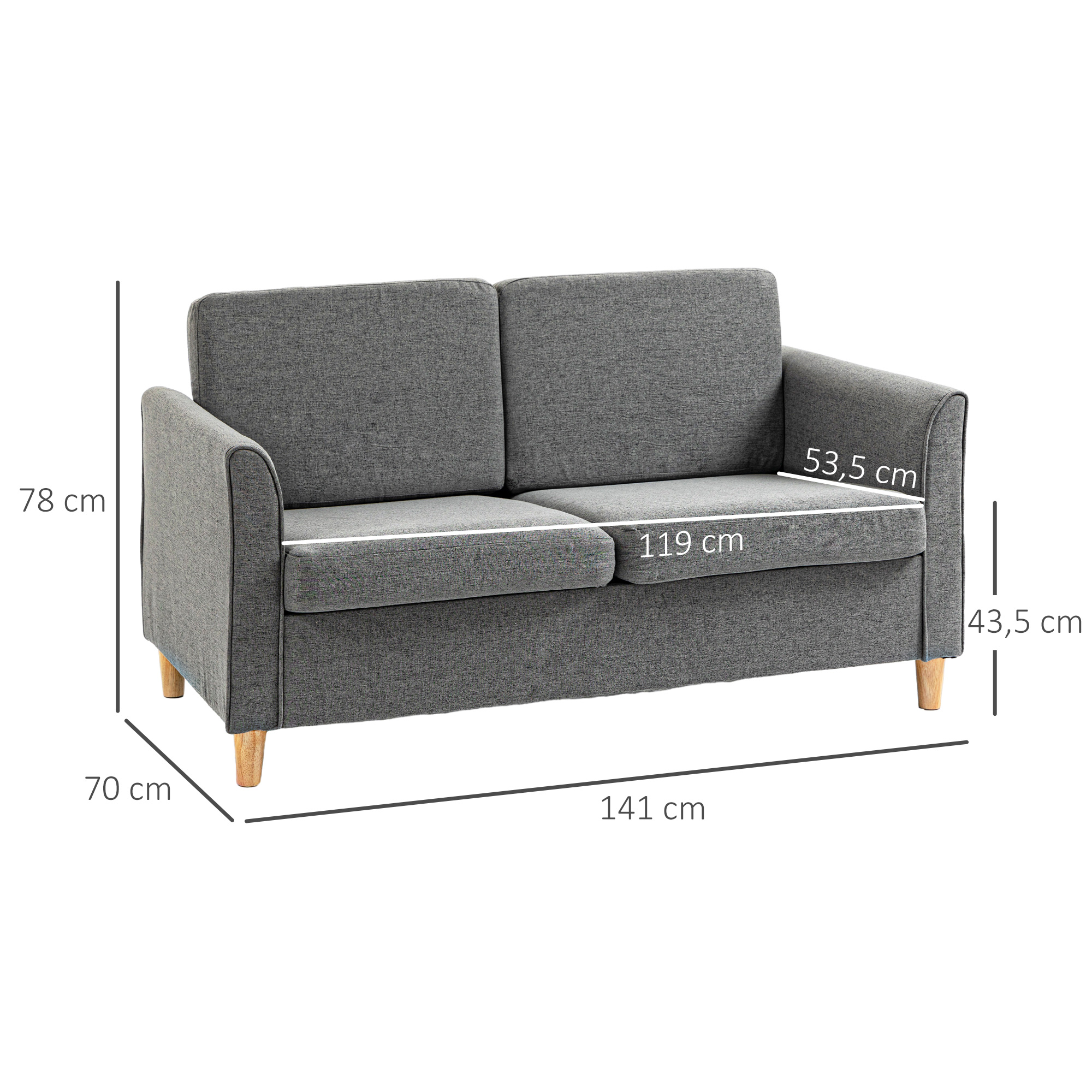 2 Sitzer Sofa, Couch mit Holzbeine, Leinenoptik, Gepolsterter Polstersofa, Doppelsofa im Modern-Stil für Wohnzimmer, Schlafzimmer, Grau