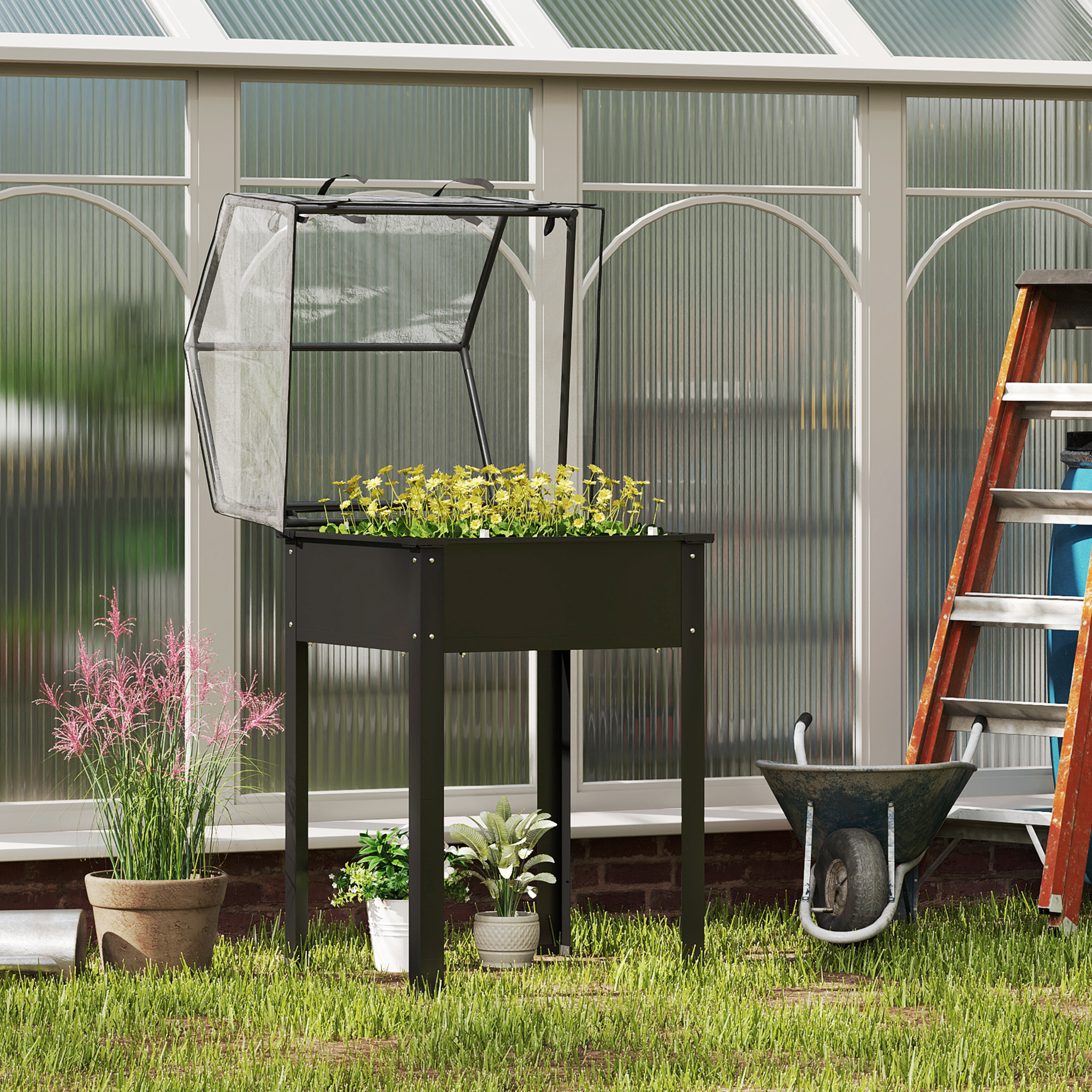 Hochbeet mit Gewächshaus-Dach, Erhöhte Pflanzenbox mit Ablauflöchern, 60 x 60 x 120 cm, Schwarz