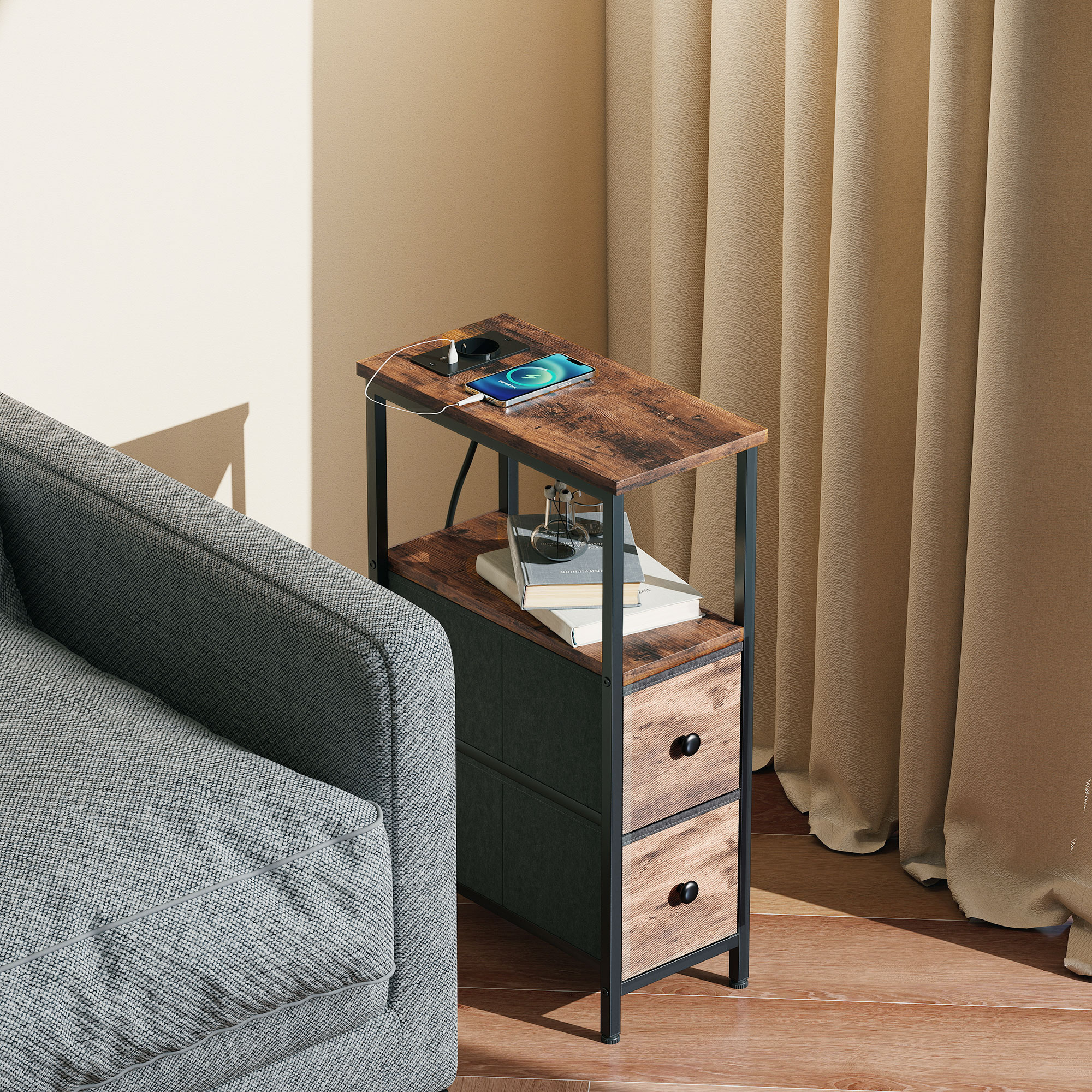 Couchtisch Beistelltisch mit Ladestation, Stahlrahmen, 2 Stoffschublade, offen Fach, 20cm x 40cm x 63cm, Rustikal-Braun