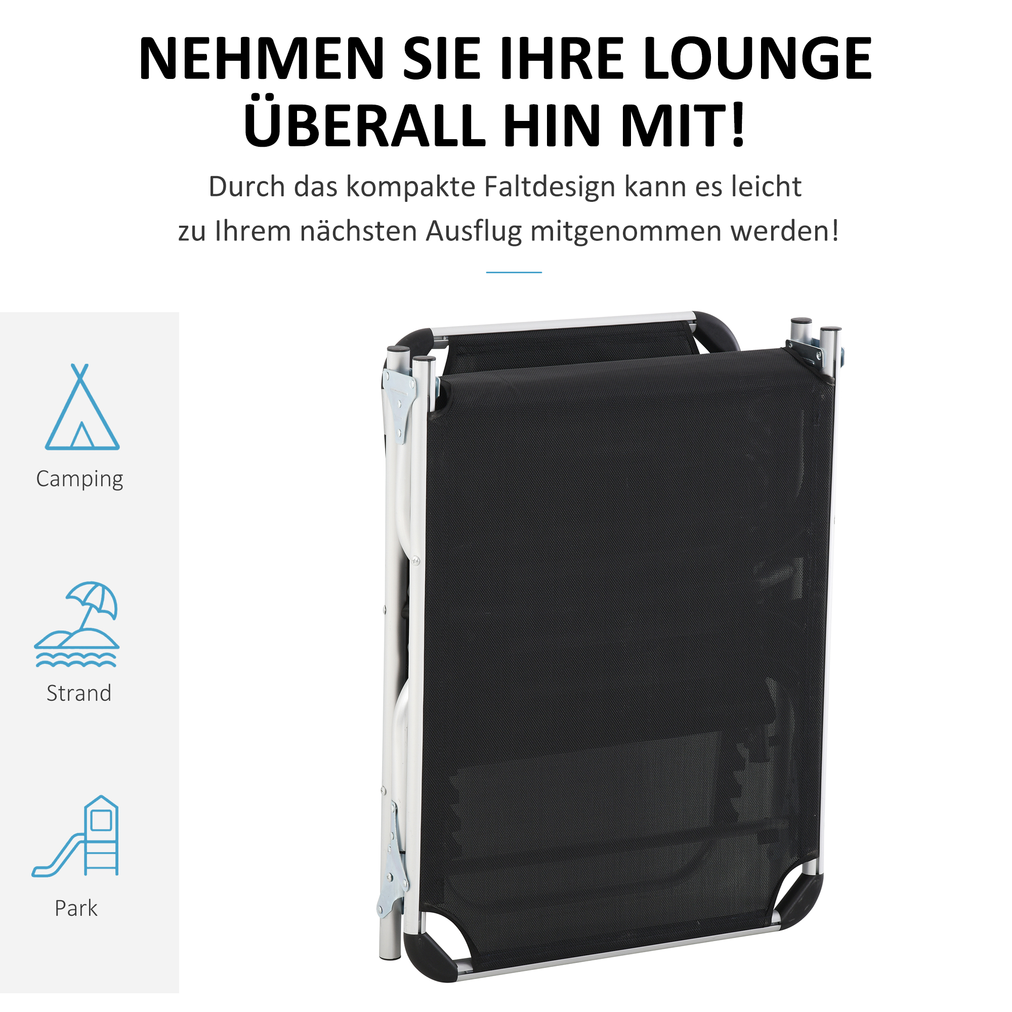 Sonnenliege faltbar Gartenliege mit Kopfkissen Liegestuhl mit der 4-stufig verstellbaren Rückenlehne Campingliege bis 120 kg belastbar für Outdoor-Park, Garten, Schwarz
