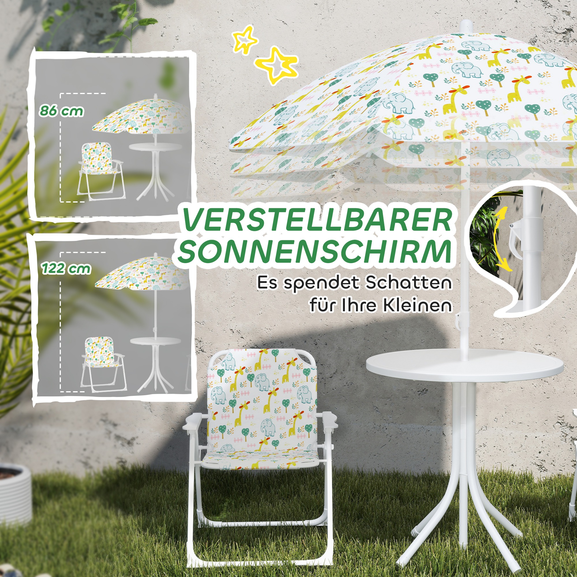 Kinder-Sitzecke, Klappstuhl-Sitz-Set mit Sonnenschirm, Buntes Muster, Weiß