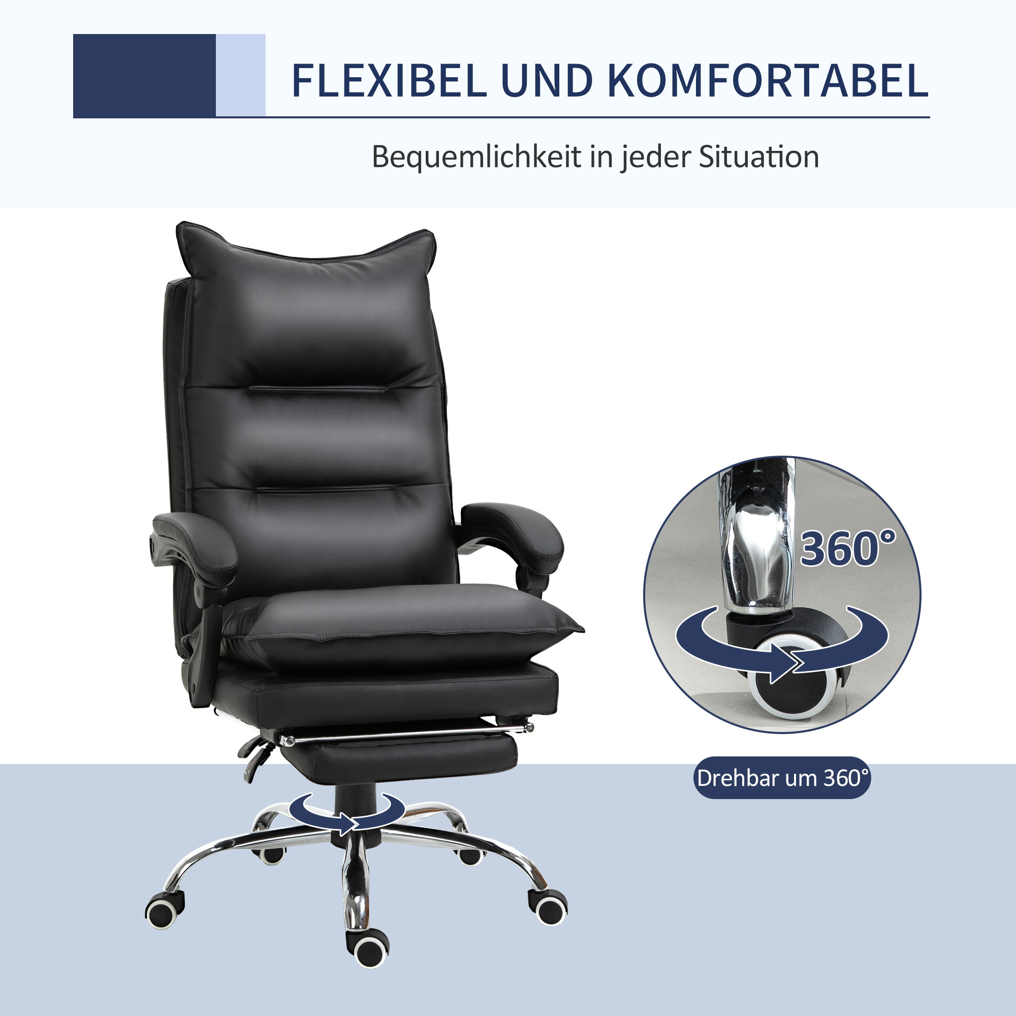 Bürostuhl Ergonomischer Schreibtischstuhl mit Armlehne, Fußstütze, Höhenverstellbarer Drehstuhl aus Kunstleder, Gepolstert Computerstuhl, Schwarz