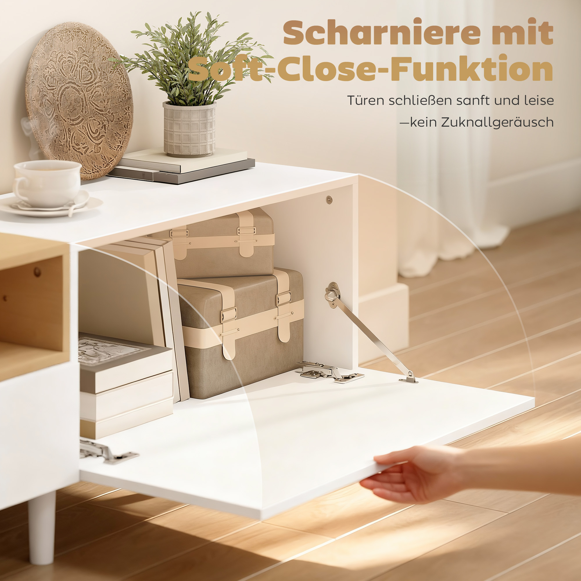200 cm TV-Kommode für Fernseher bis zu 90 Zoll, 2 Klappenfächer, offenes Fach, Schublade, 8 Beine, Spanplatte, Weiß