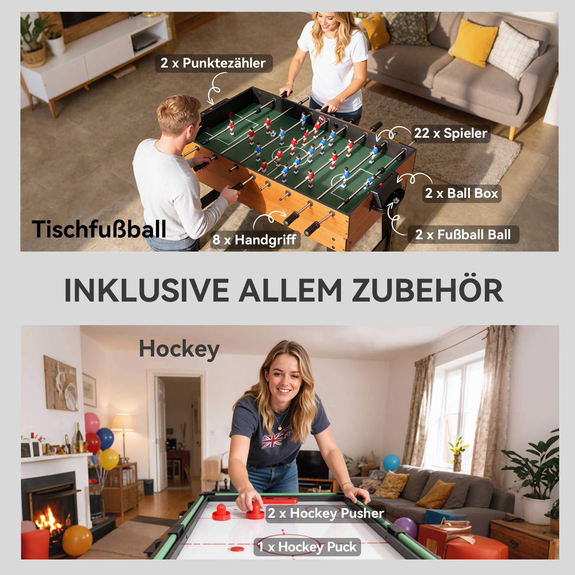 5-in-1 Multispiel-Tisch, 53 Zubehör-Teile, Tischfußball, Tischhockey , Tischtennis, Billard, Basketball, Walnuss