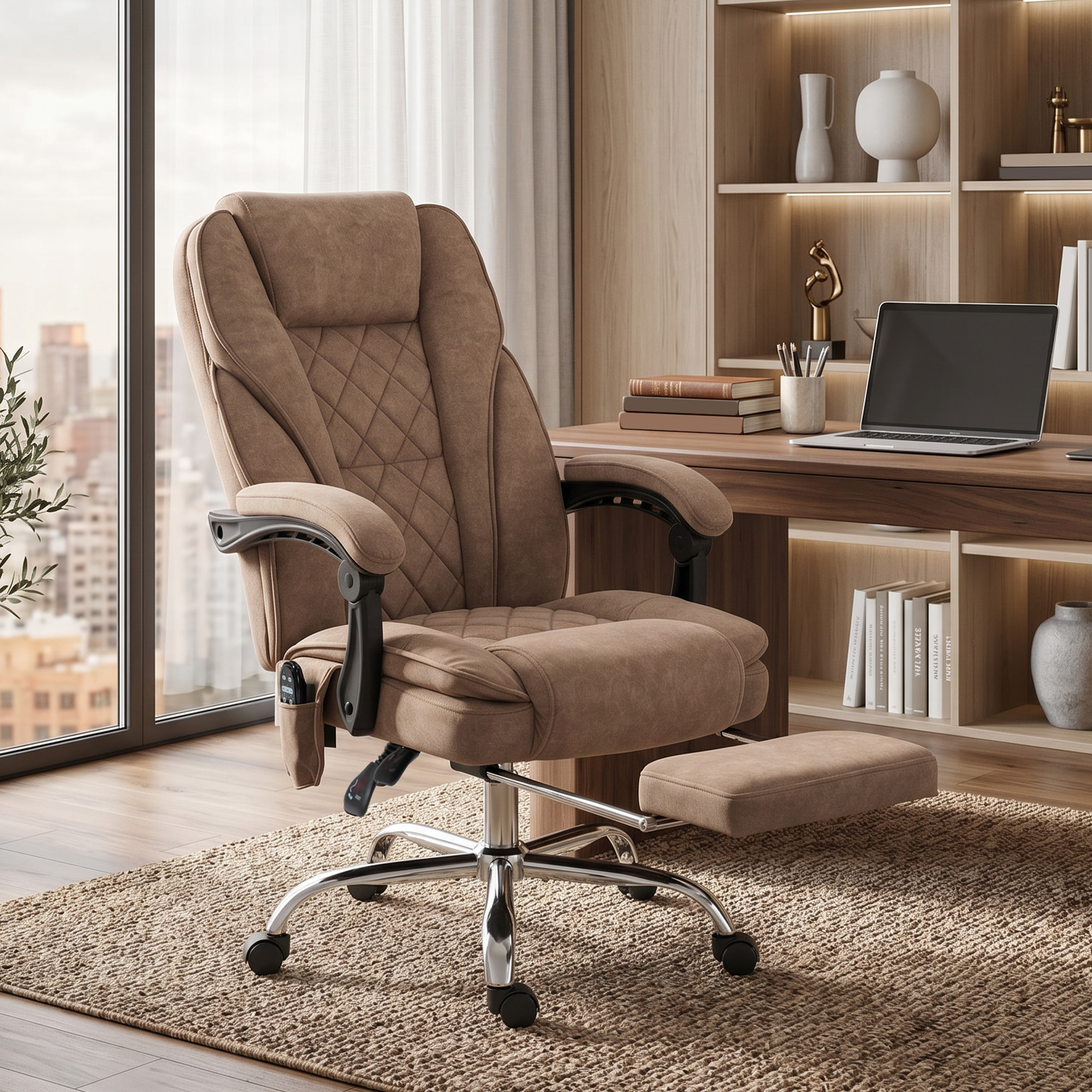 Ergonomischer Bürostuhl mit Massagefunktion, Fußstütze, drehbar, rollbar, Braun