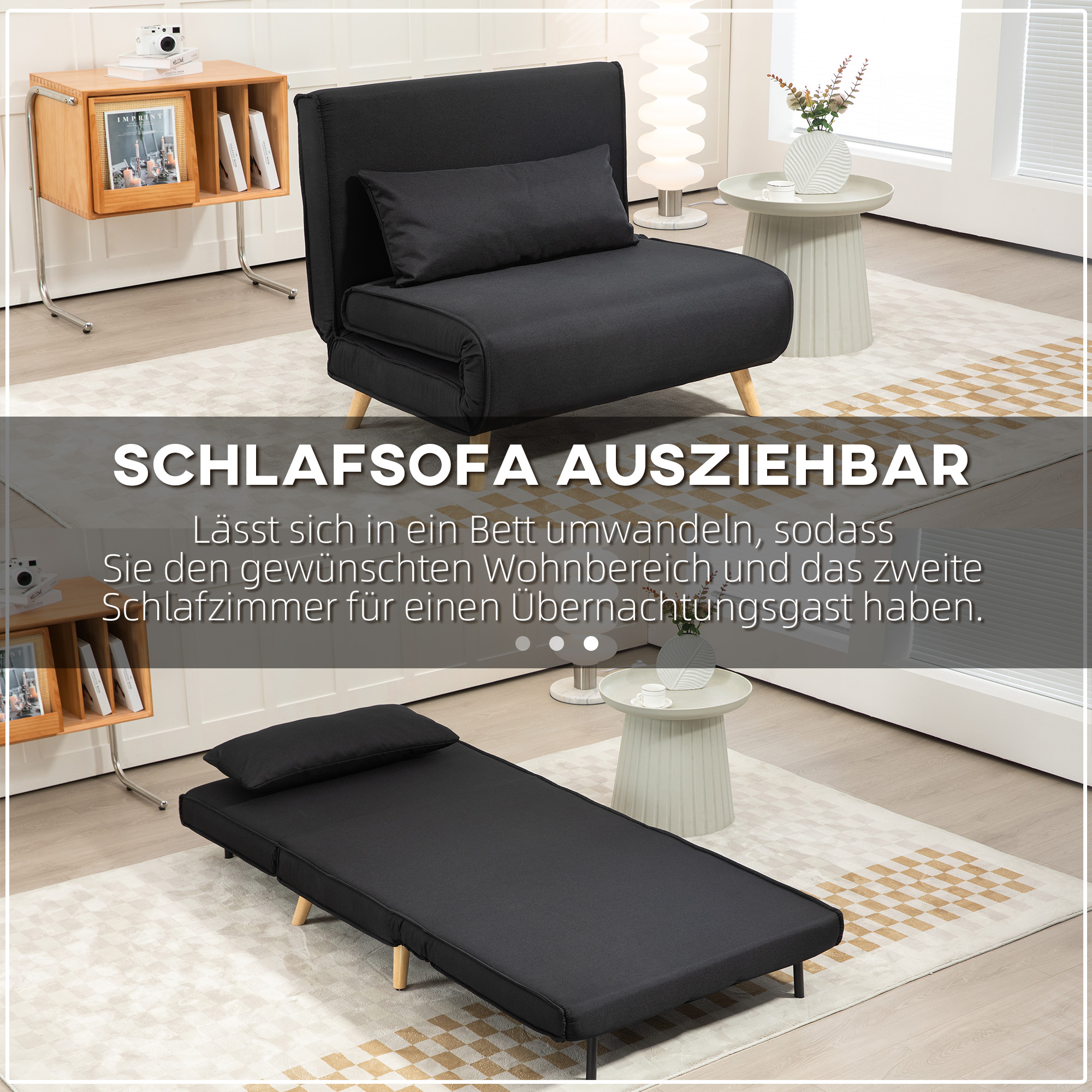 Relaxsessel mit Bettfunktion, für 1 Person, Modern-Design, bis 120 kg, 94x78x80cm, Schwarz