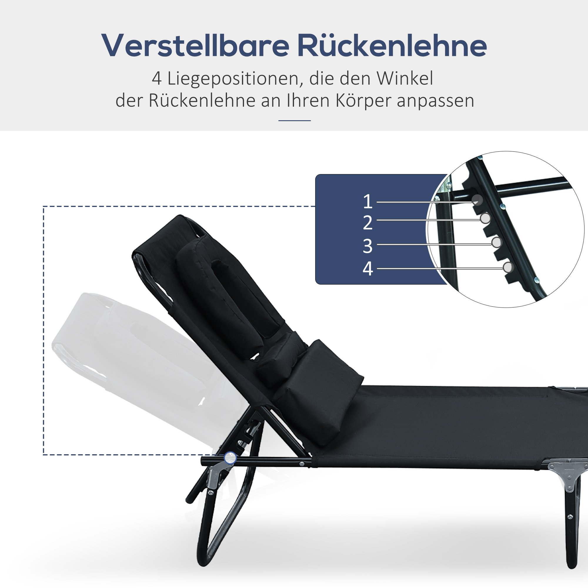 Sonnenliege klappbar Gartenliege mit Kopfkissen Liegestuhl mit 4-Fach verstellbare Rückenlehne Campingliege mit Lesefenster Gartenstuhl bis 120kg belastbar für Garten, Balkon Schwarz