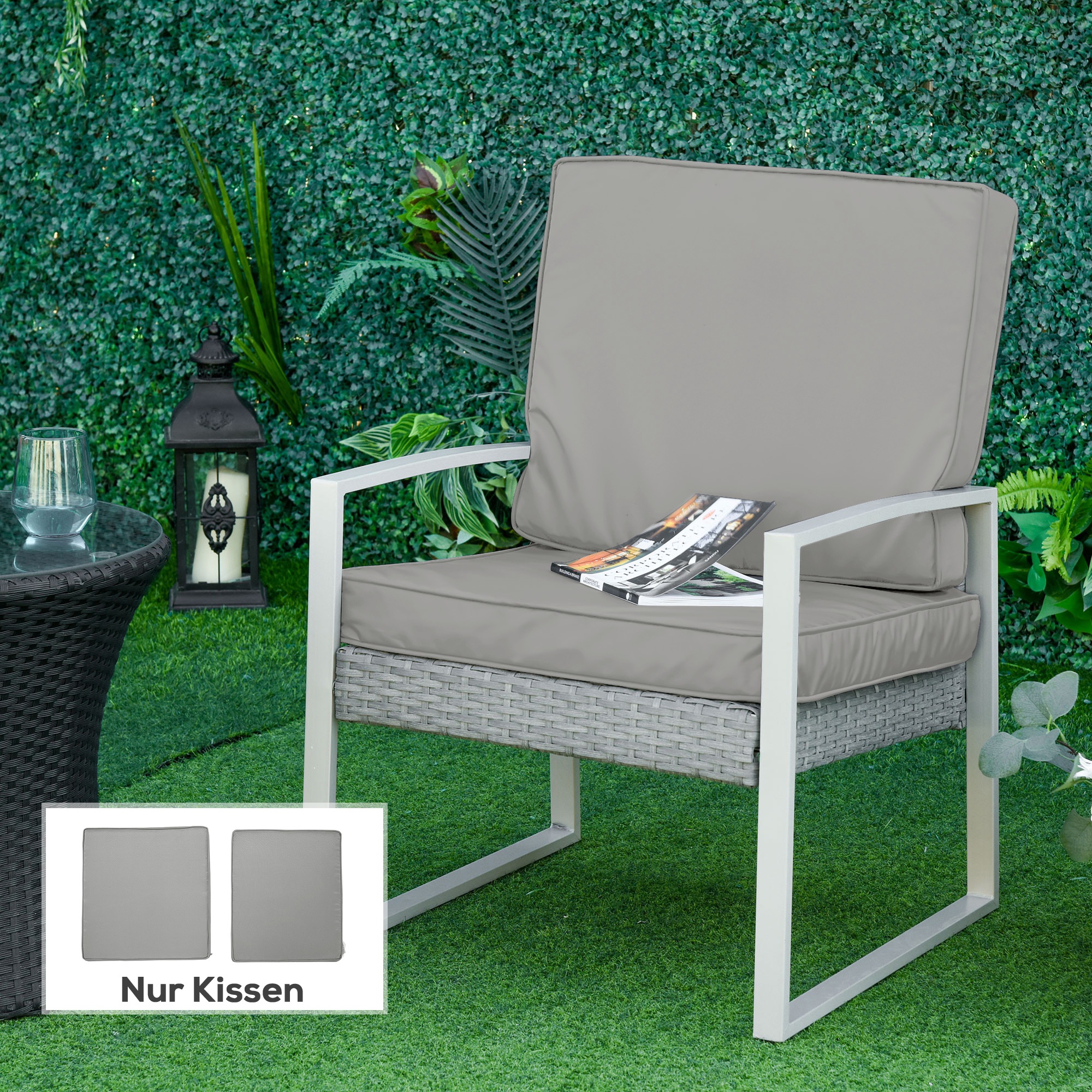 2 teilige Sitzkissen, 56 x 52 cm Stuhlkissen mit Reißverschluss, Stoffbezug, 7cm dick Polsterauflage, waschbar Hellgrau