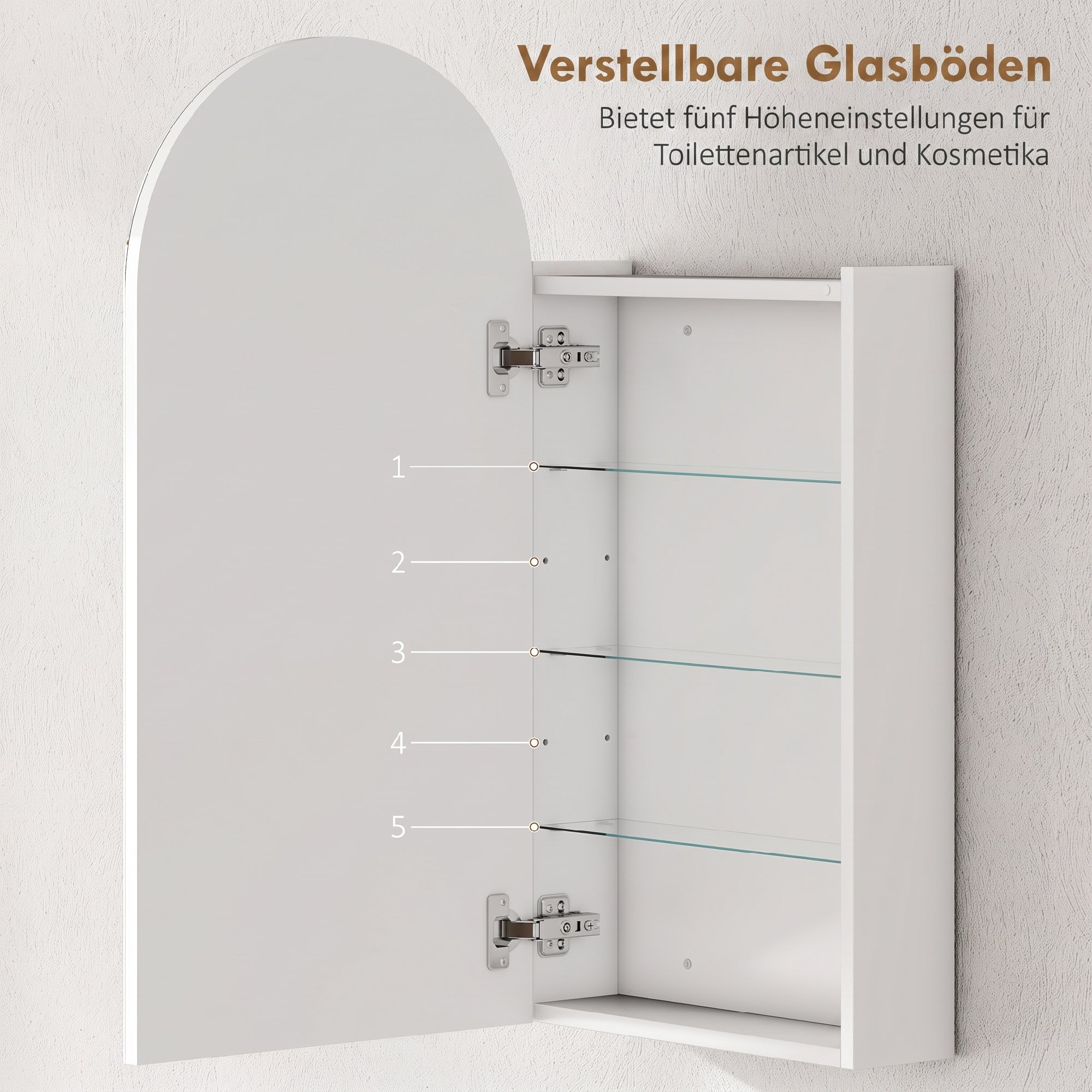Badezimmerspiegelschrank mit rahmenlosem Bogen-Spiegel und verstellbaren Glasböden, Weiß