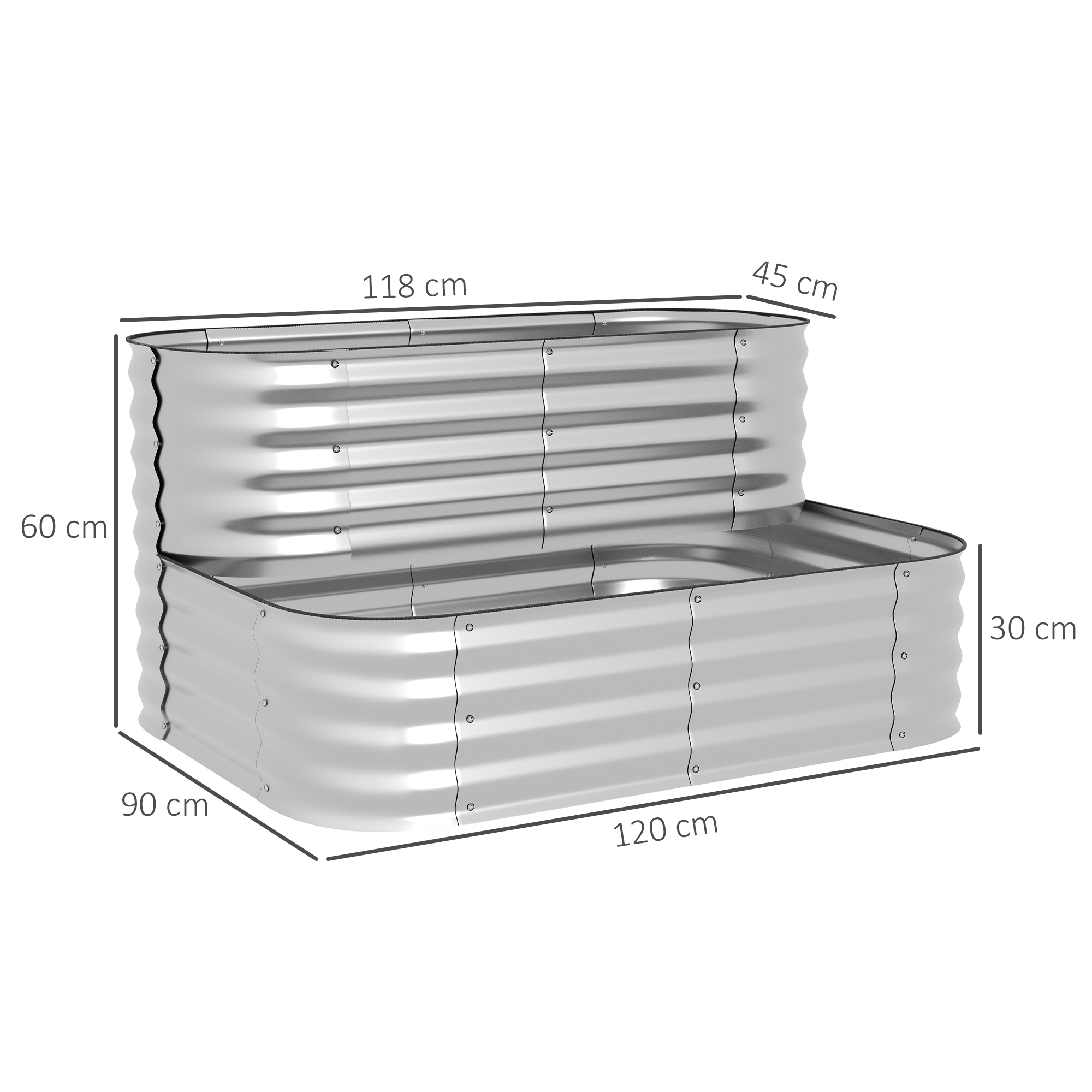Hochbeet aus Metall, 2 Etagen, witterungsfest, offener Boden, 120 x 90 x 30cm, Farbe: Silber
