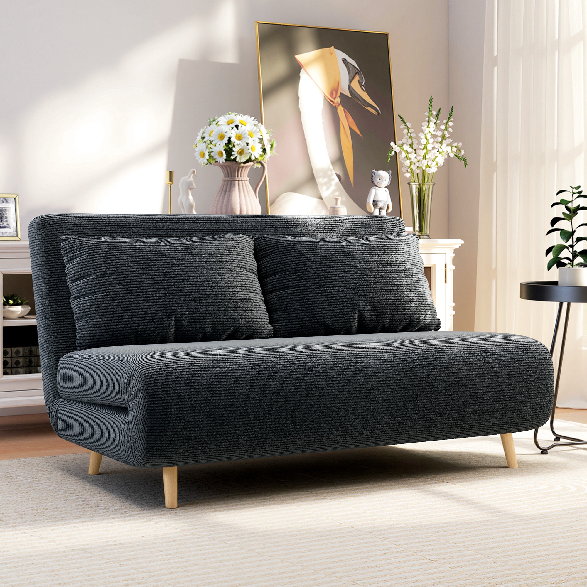 Schlafsofa, Gästebett, 3-fach verstellbare Rückenlehne, Kordoptik, bis 120 kg, 141 x 90 x 81 cm, Dunkelgrau