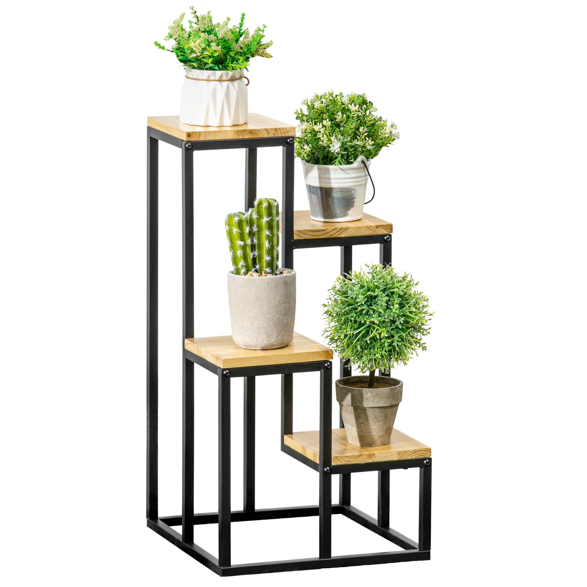 Pflanzenständer im Industrie Design mit 4 Regalen, Blumentreppe, 34 cm x 34 cm x 66 cm, Natur + Schwarz