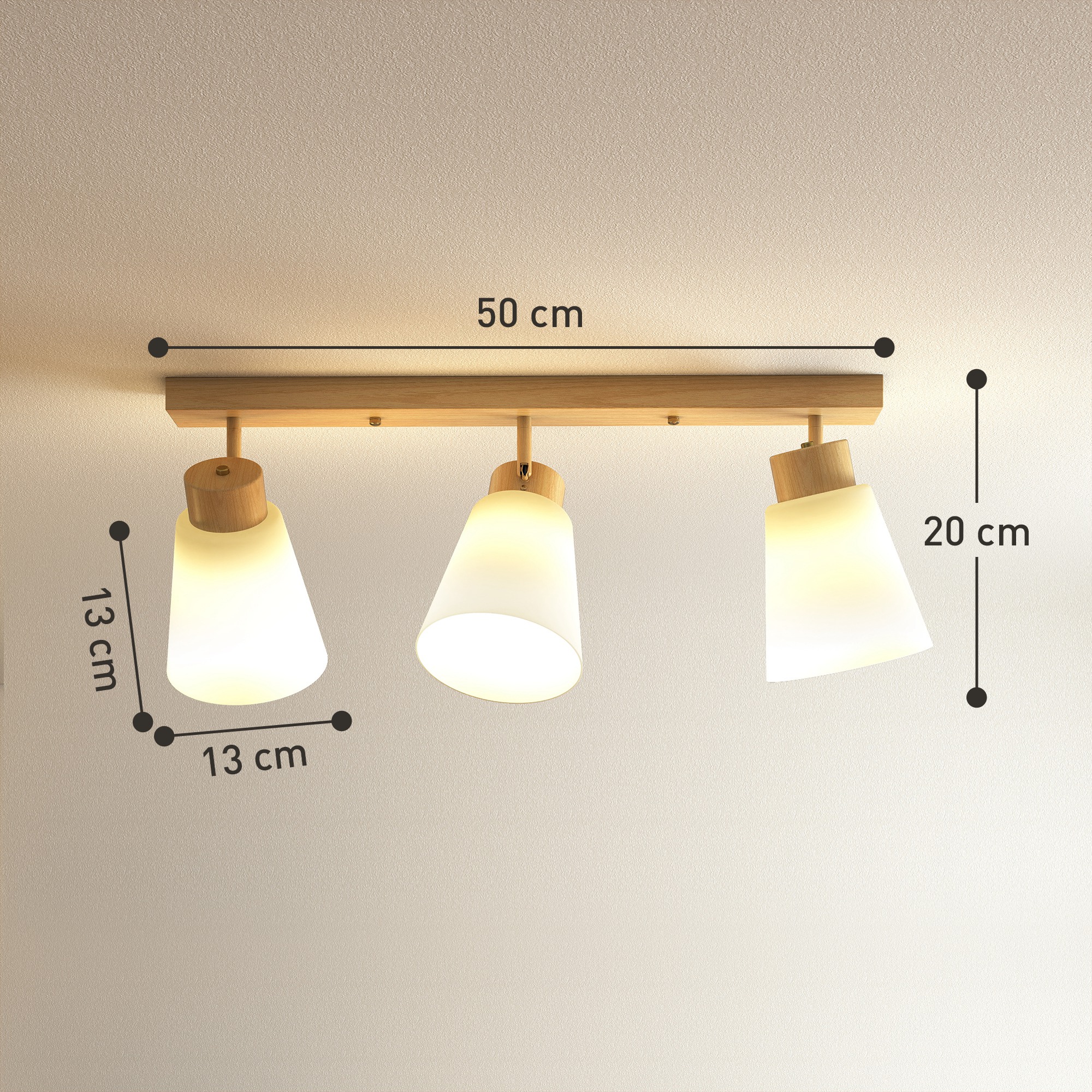 Deckenleuchte LED 40W Deckenlampe mit Doppelmontage und 90° verstellbaren Köpfen mit 3 E27-Fassungen Naturholz