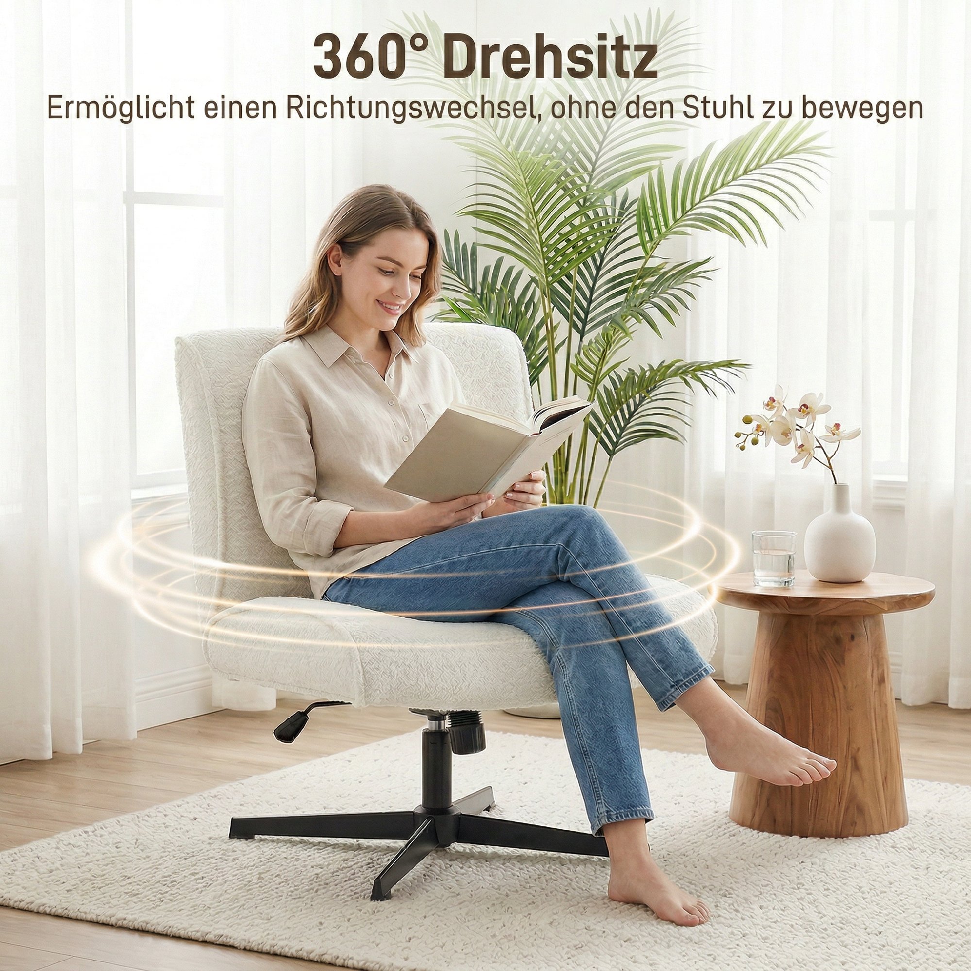 Drehbarer Akzentstuhl, Samtgepolsterter Lounge-Sessel mit Höhenverstellung für Wohnzimmer, Büro, Cremeweiß