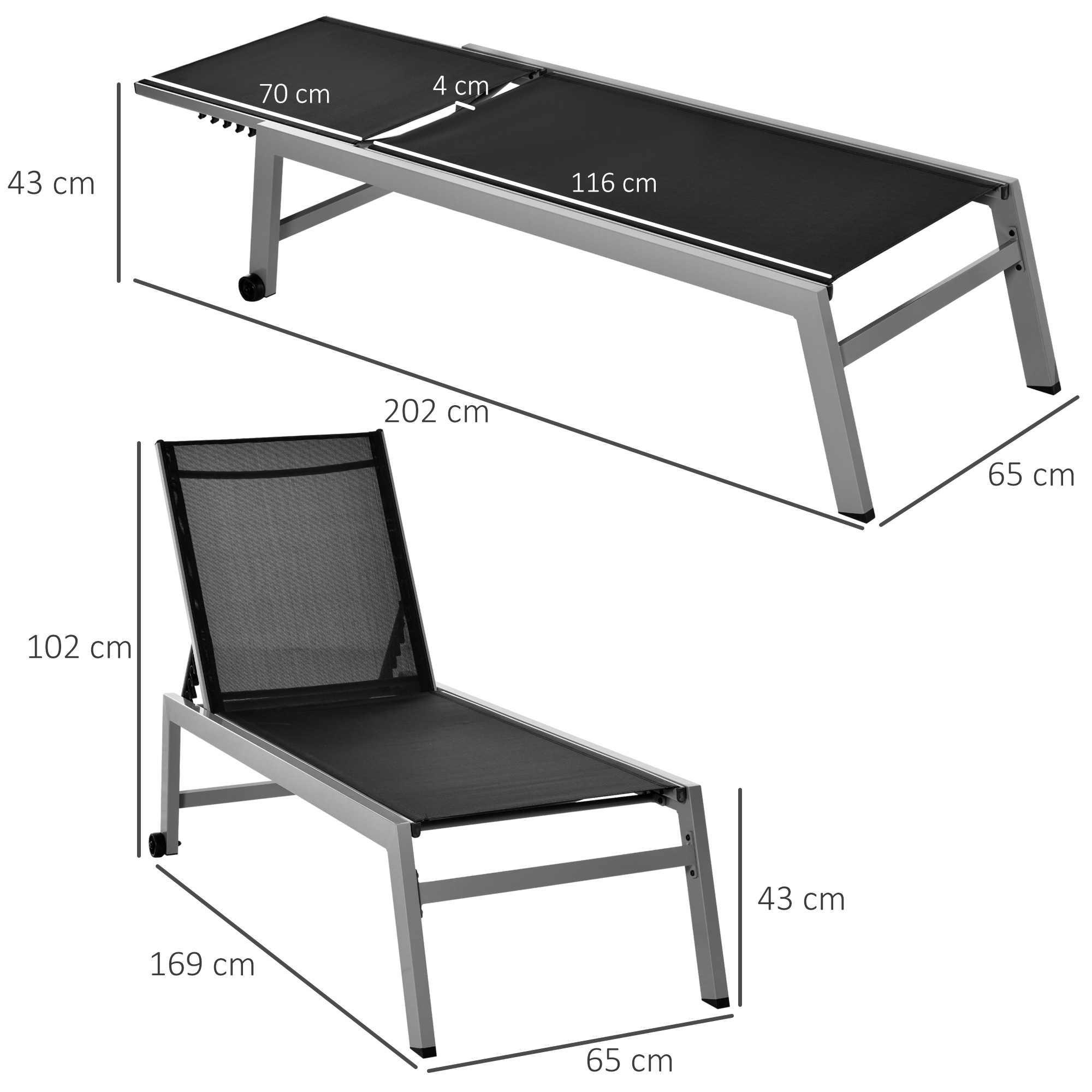 Sonnenliege, Gartenliege, 5-stufige Rückenlehne, Aluminium, Schwarz, 202 x 65 x 43 cm