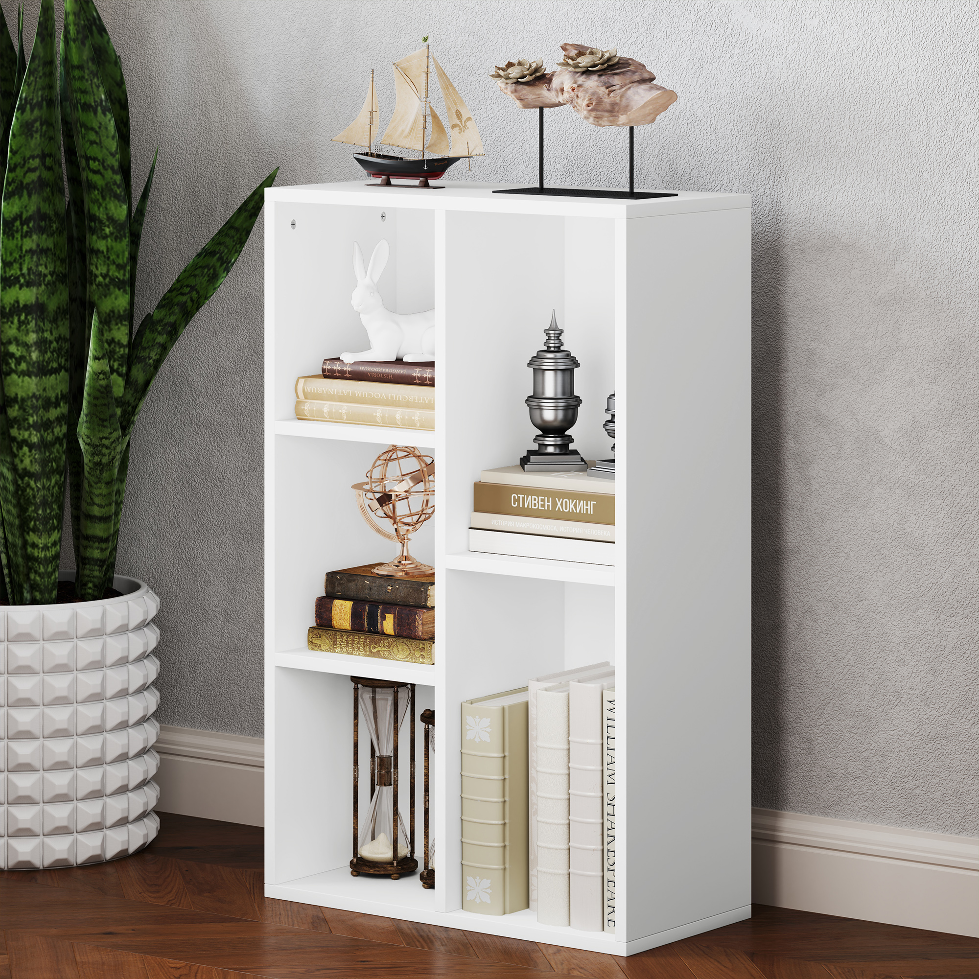 2-Ebenen-Bücherregal, 5 Fächer, Spanplatte, Aufbewahrungsregal, Weiß