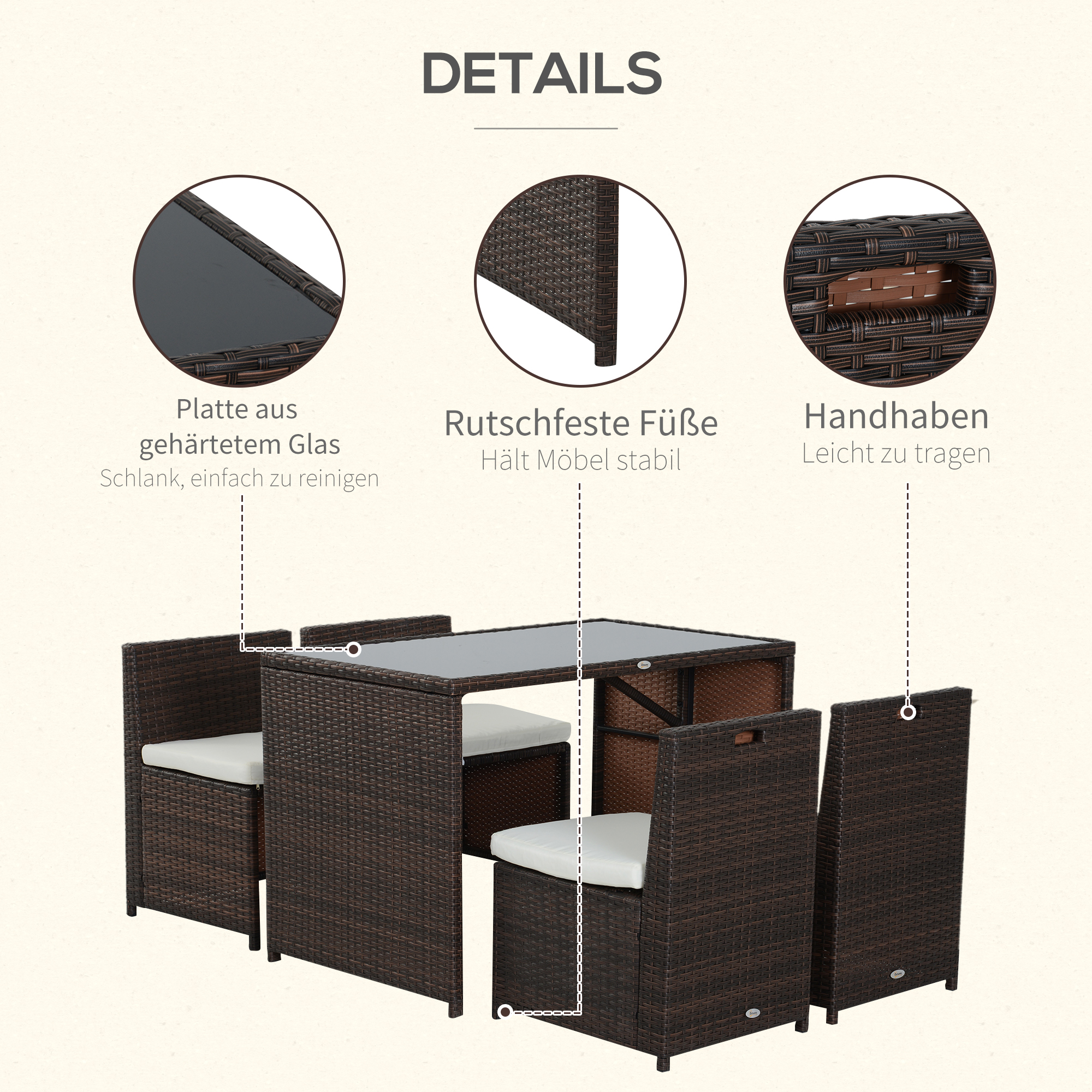 5-teiliges Polyrattan Gartenmöbel-Set, wetterfest Balkonmöbel für 4 Personen Terrassenmöbel mit Tisch 4 Stühle Kissen, Lounge-Set Essgruppe Sitzgruppe für Balkon, Garten, Braun+Khaki