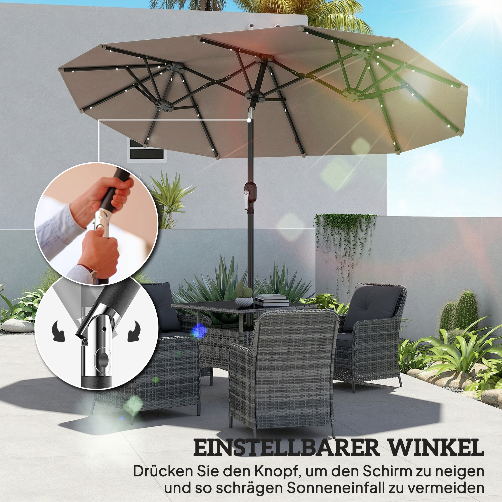 Doppelsonnenschirm 292 x 150 cm, Sonnenschirm mit mit LED-Beleuchtung Handkurbel, Knickfunktion Khaki
