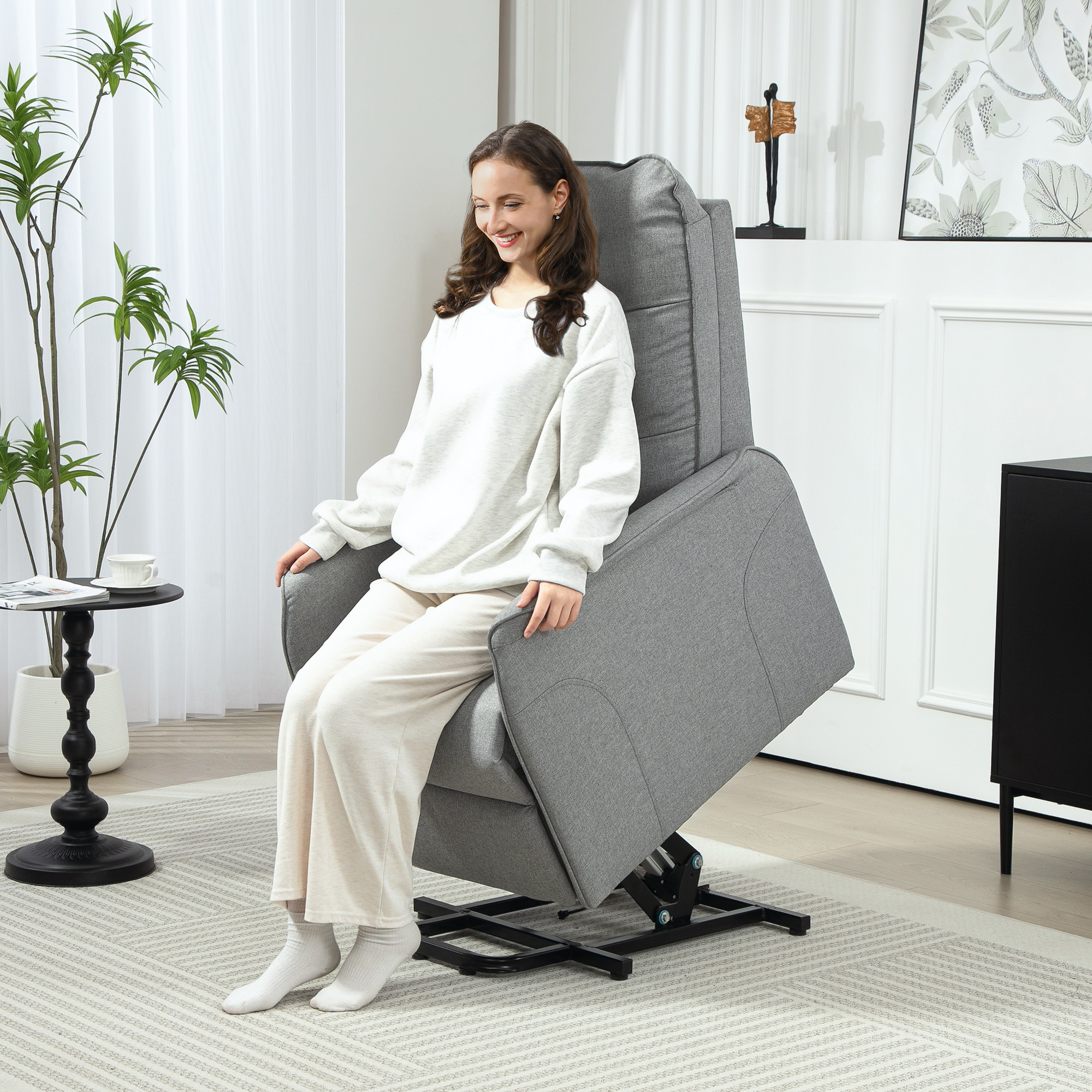 Aufstehsessel, Recliner-Sessel mit Aufstehhilfe, elektrischer Relaxsessel mit Fernbedienung, Seitentasche, Grau