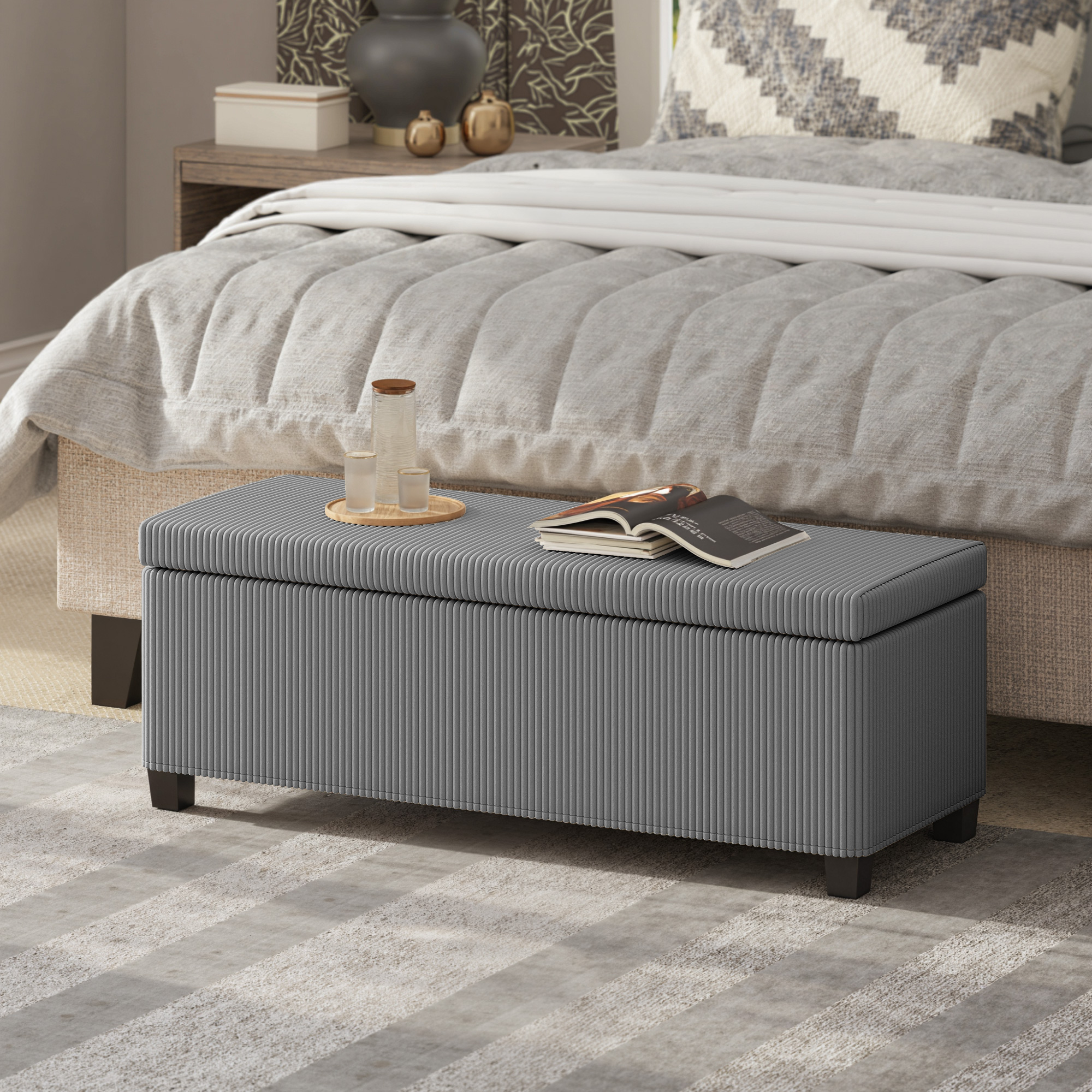Sitzbank mit Stauraum, Polsterbank für Aufbewahrung, für Wohnzimmer, Schlafzimmer, Flur, Cordbezug, Grau