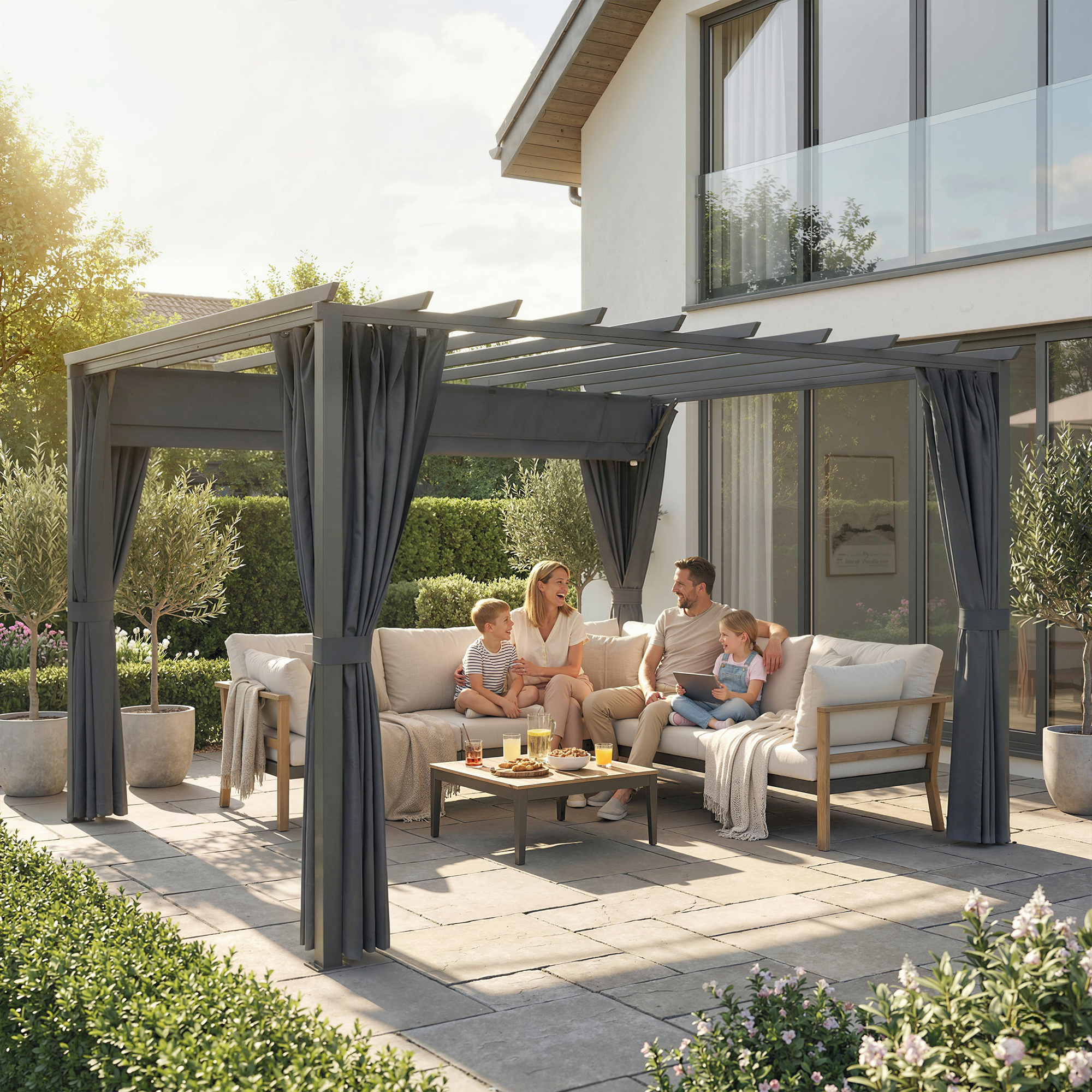 Pergola ca. 3,6x3 m Garten Pavillon Terrassenüberdachung aus Aluminium Gartenpavillon mit verstellbares Dach Dunkelgrau