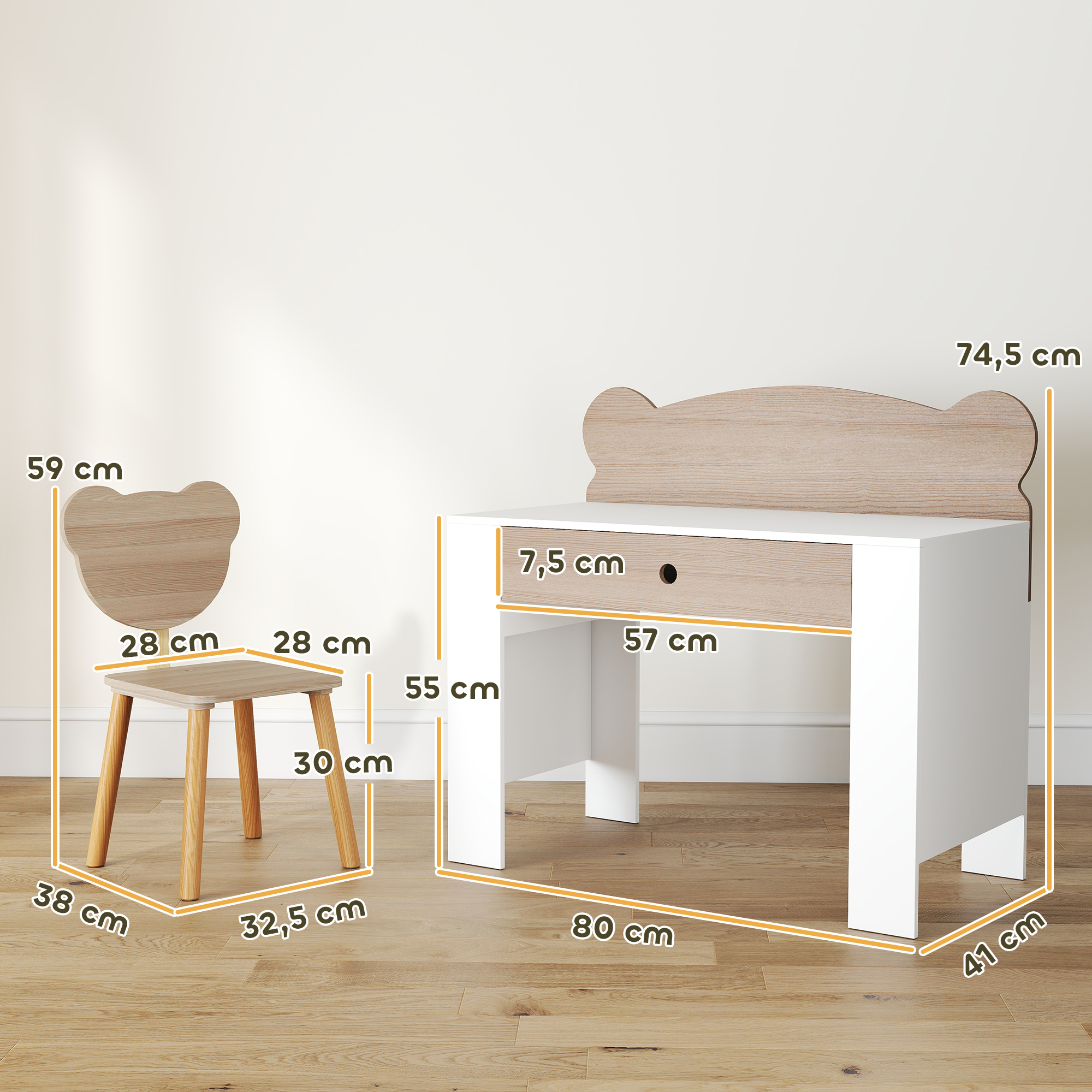 Schreibtisch-Set für Kinder, Arbeitstisch und Stuhl mit Bärenform, Schublade, zum Schreiben und Basteln, 3-8 Jahre, Naturholz