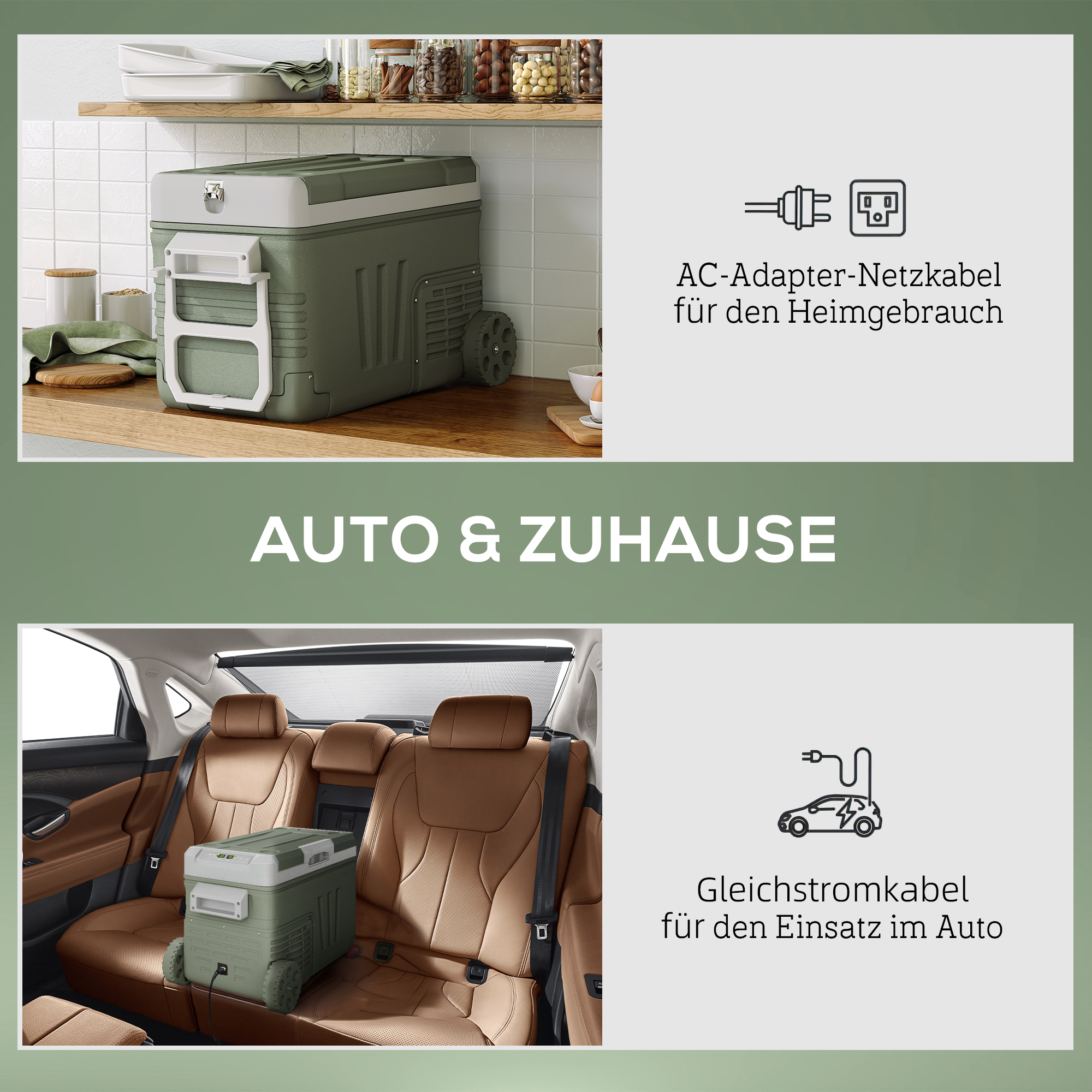 33 L Campingkühlschrank, Reisekühlbox, tragbarer Autokühlschrank mit 2 Fächern und Rädern, Kunststoff, Grün