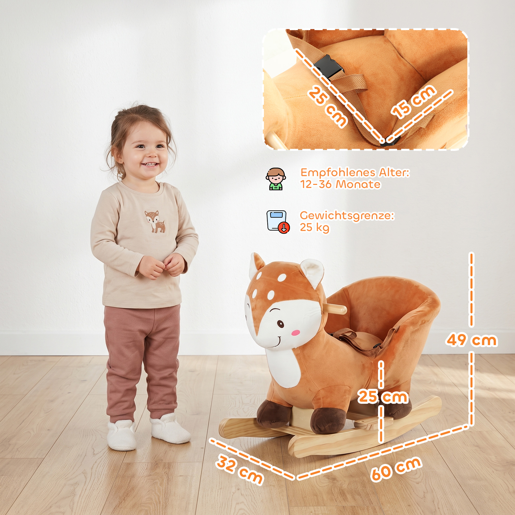 Schaukelpferd im Hirsch-Design, stabiles Plüsch-Schaukelpferd mit Tiergeräuschen, Sicherheitsgurt und Schaukelstopp