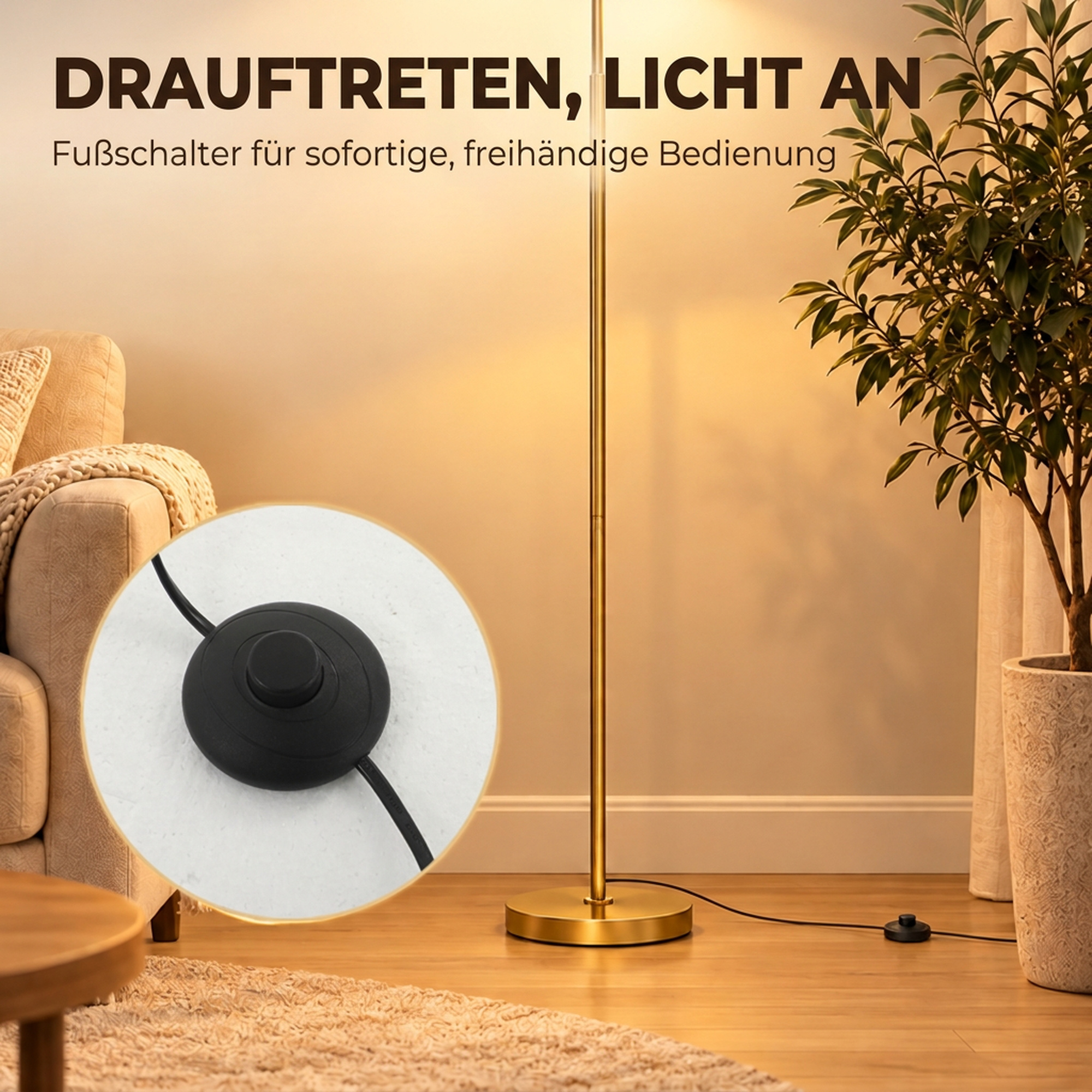 Stehlampe 350° verstellbar für Wohnzimmer und Büro Stehleuchte mit 3 Schirmen aus Stahl Gold