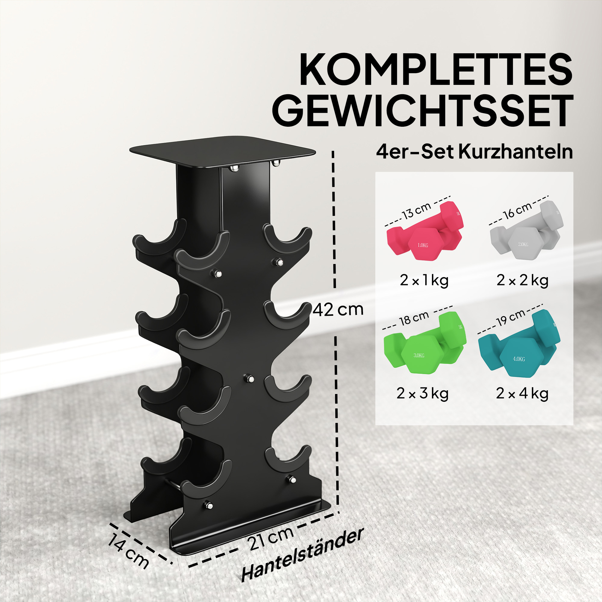 Hantel-Set 4 Paar Kurzhanteln mit Aufbewahrungsständer rutschfeste Griff, 1-4 kg Hexagon