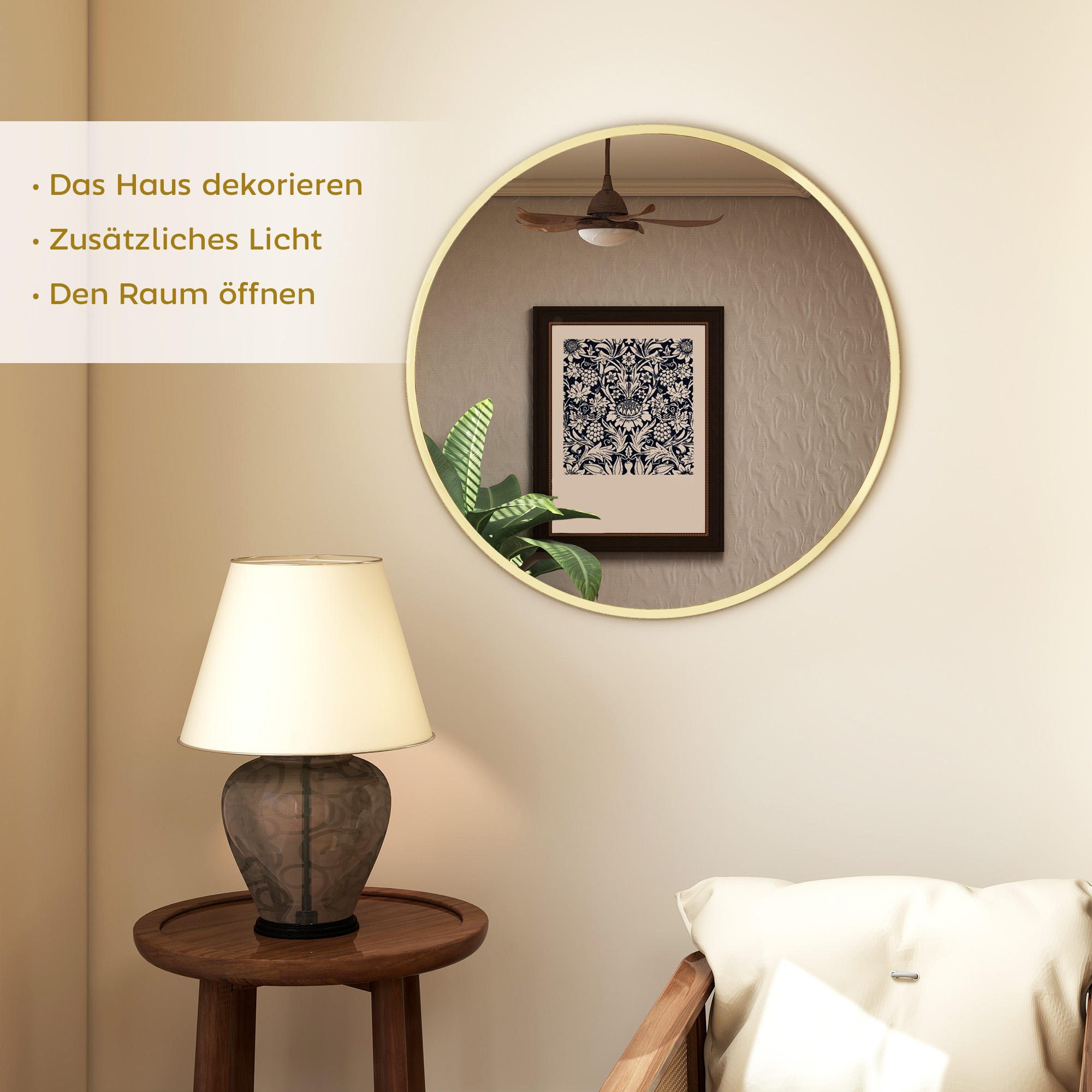 Wandspiegel, modernes Design, 61 x 61 cm, Gold